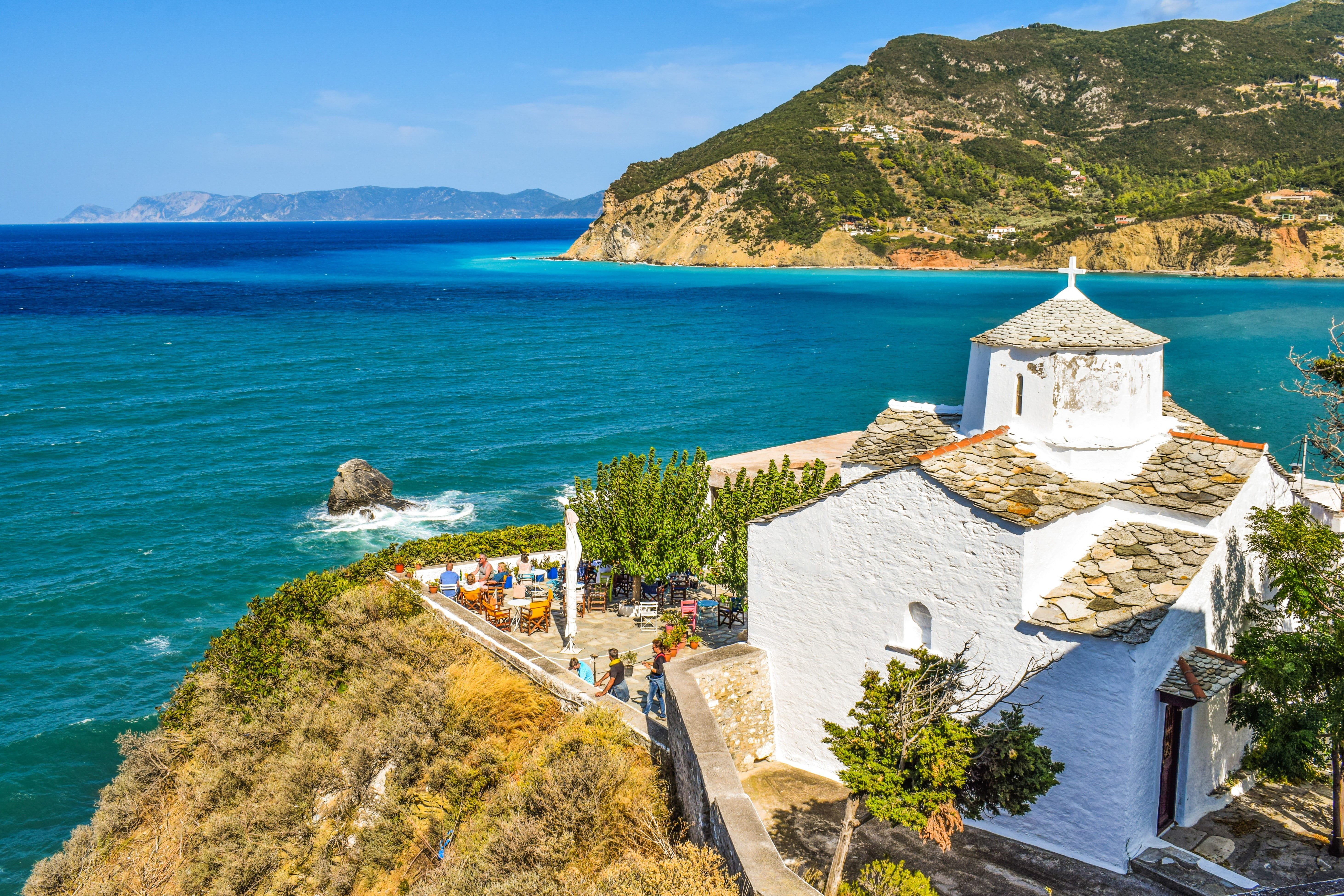 land, mountain, building exterior, travel, rock - object, greek, solid, skopelos, town, island, greece, sporades, no people, nature, tourism, rock, 5K, HD Wallpaper