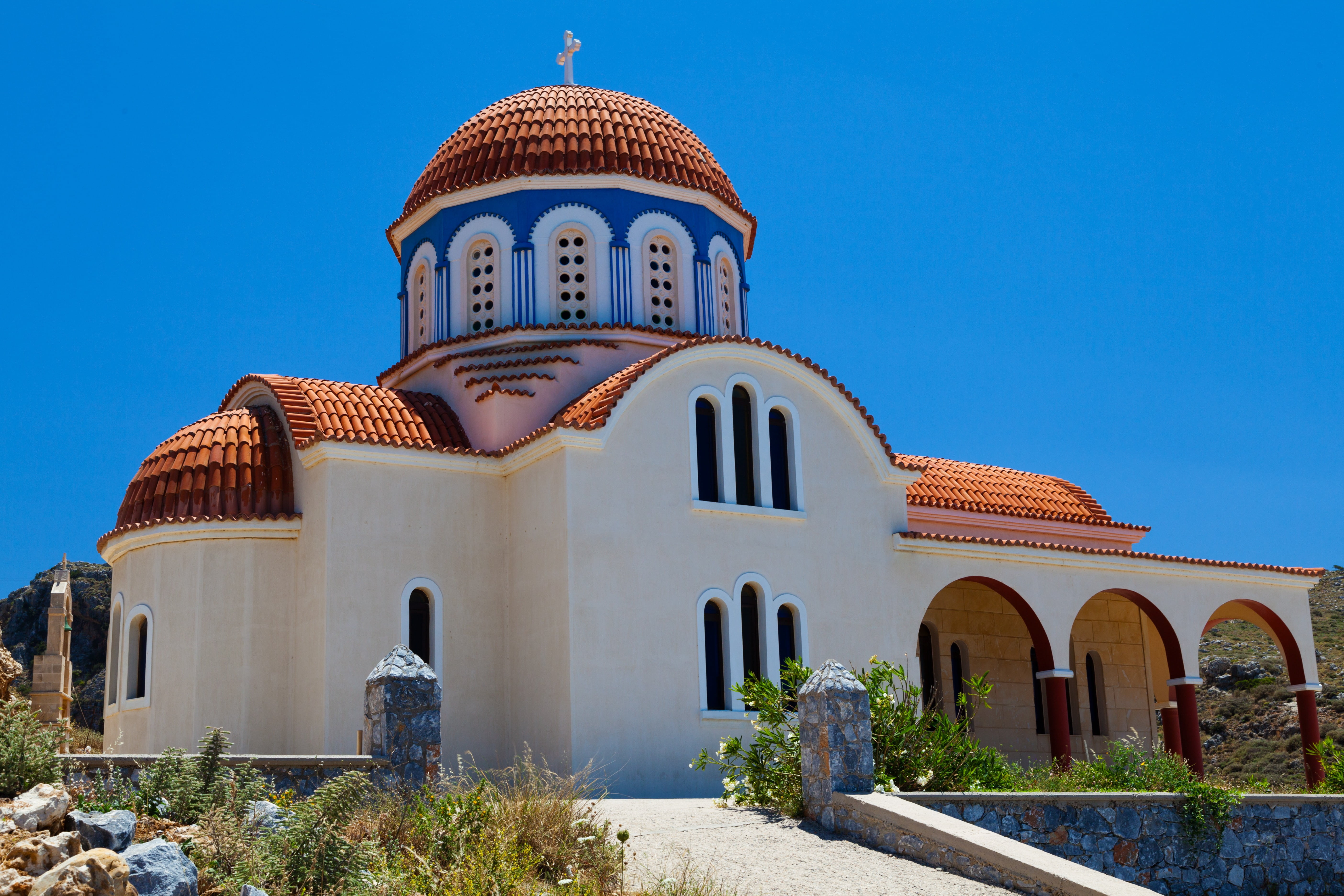 place of worship, traditional, religion, spirituality, faith, chapel, city, mediterranean, belief, blue, europe, building, monastery, white, nature, brown, HD Wallpaper