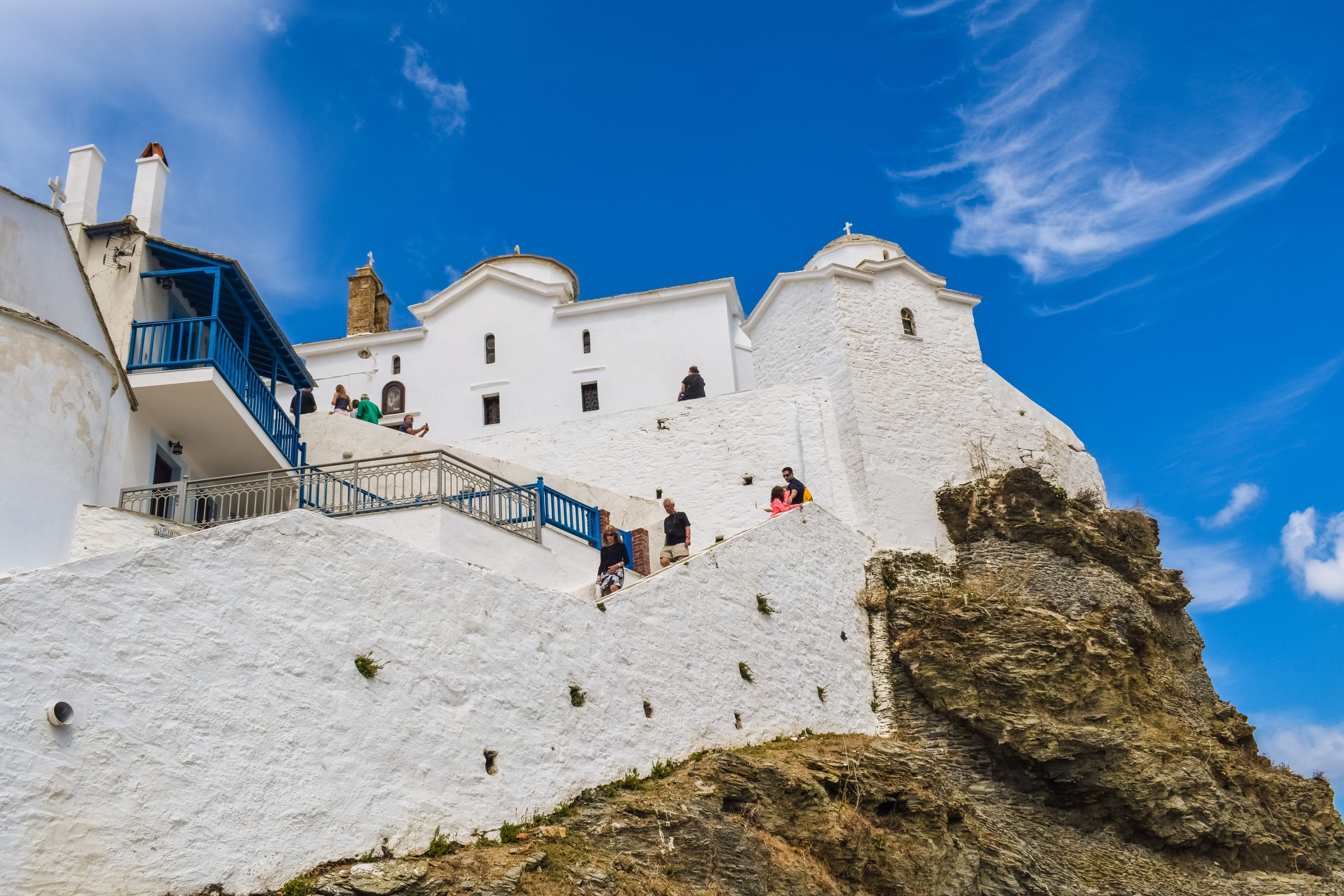 tourism, blue, group of people, traditional, rock, full length, greek, cloud - sky, mediterranean, women, white, solid, built structure, day, architecture, HD Wallpaper