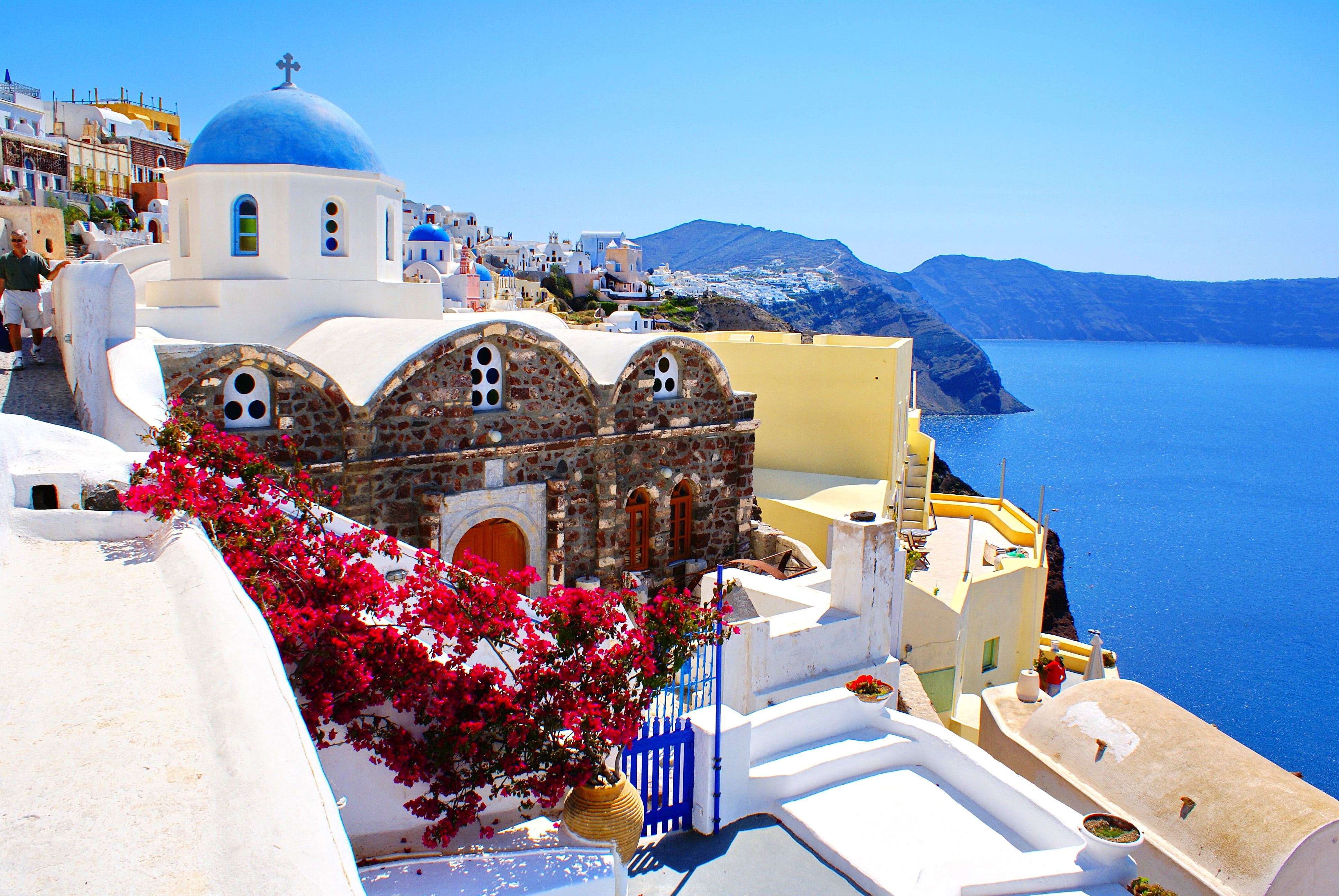 greek Orthodox, nature, sunlight, oia, classical Greek, travel Destinations, chapel, sea, volcano, idyllic, building, cross, mediterranean Sea, sky, summer, HD Wallpaper