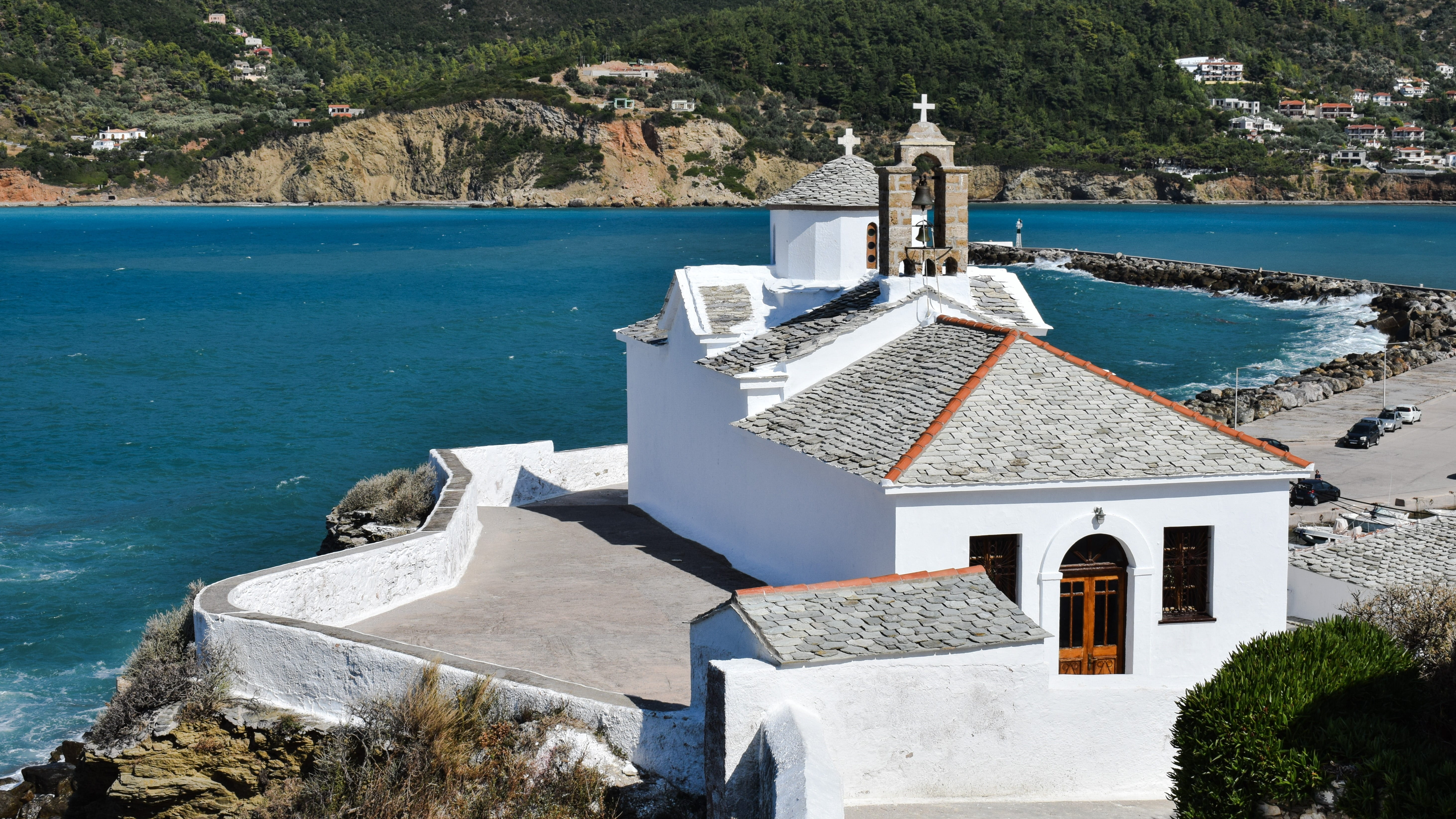outdoors, sunlight, orthodox, island, tourism, town, church, aegean, greece, traditional, high angle view, afternoon, water, tower, no people, spirituality, HD Wallpaper