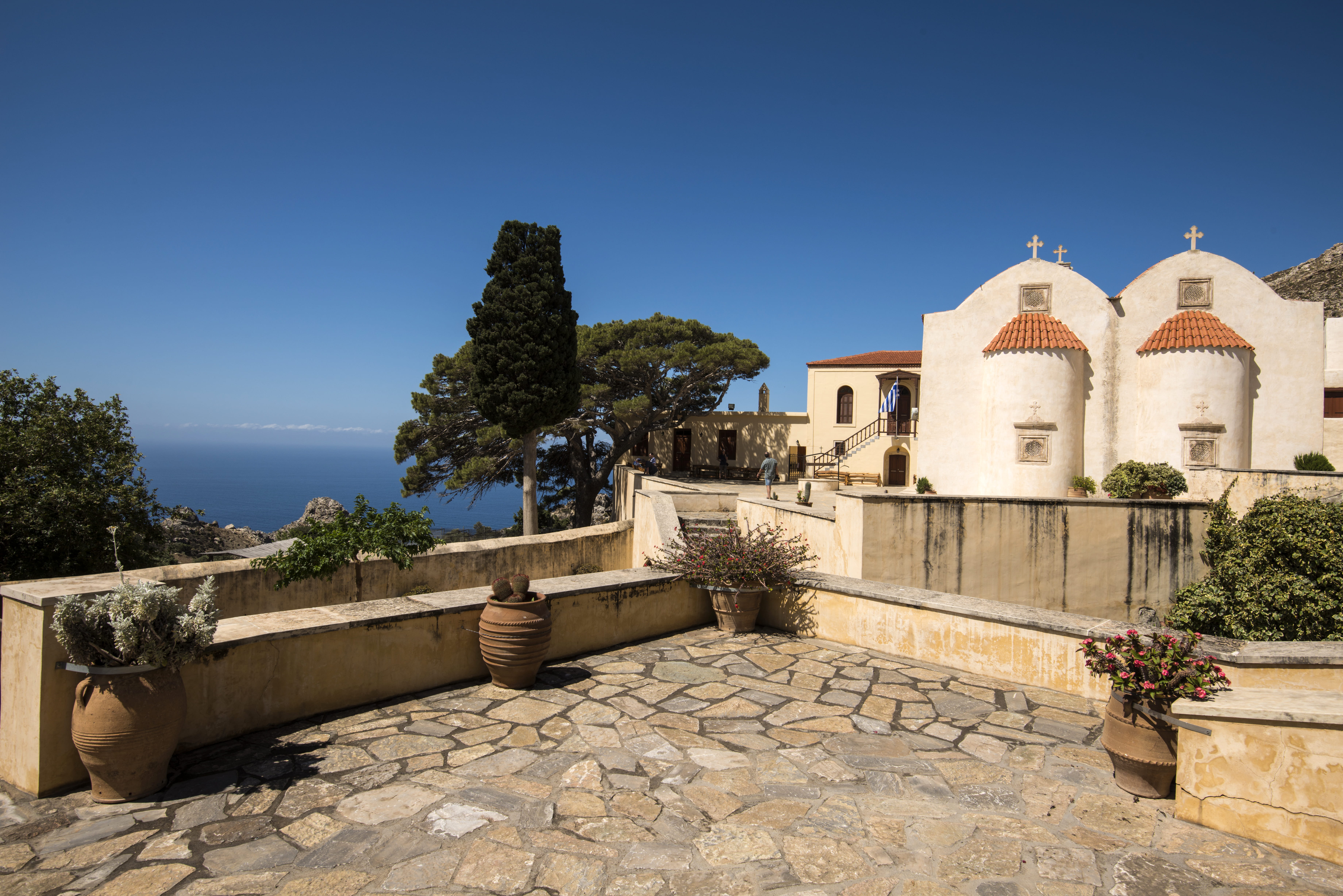 travel destinations, architecture, sea, clear sky, preveli, no people, greece, place of worship, tree, belief, outdoors, orthodox, nature, the past, mediterranean, HD Wallpaper