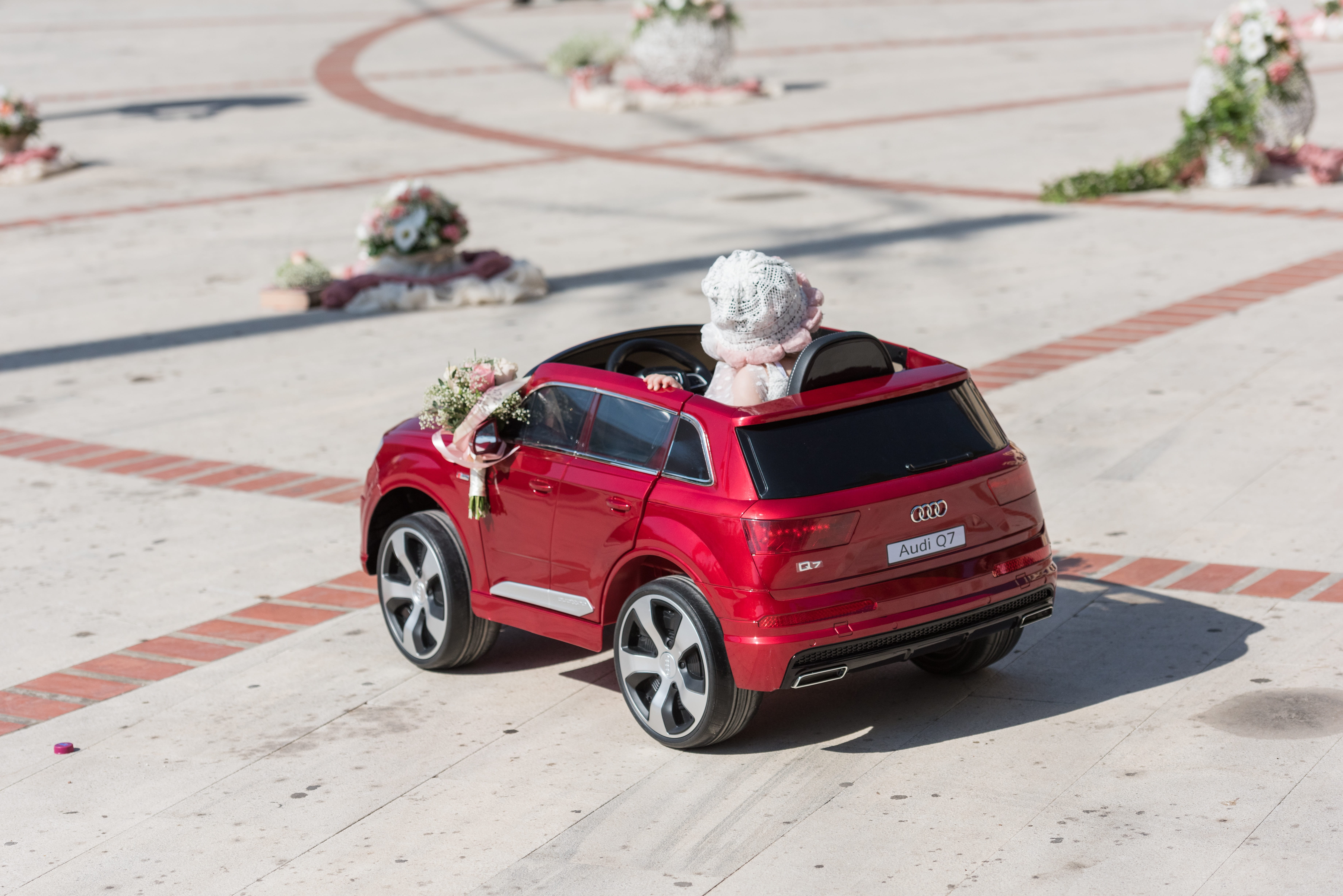 car, red, high angle view, focus on foreground, toy, motor vehicle, sunlight, outdoors, greece, children car, 5K, flooring, transportation, greek orthodox baptism, HD Wallpaper