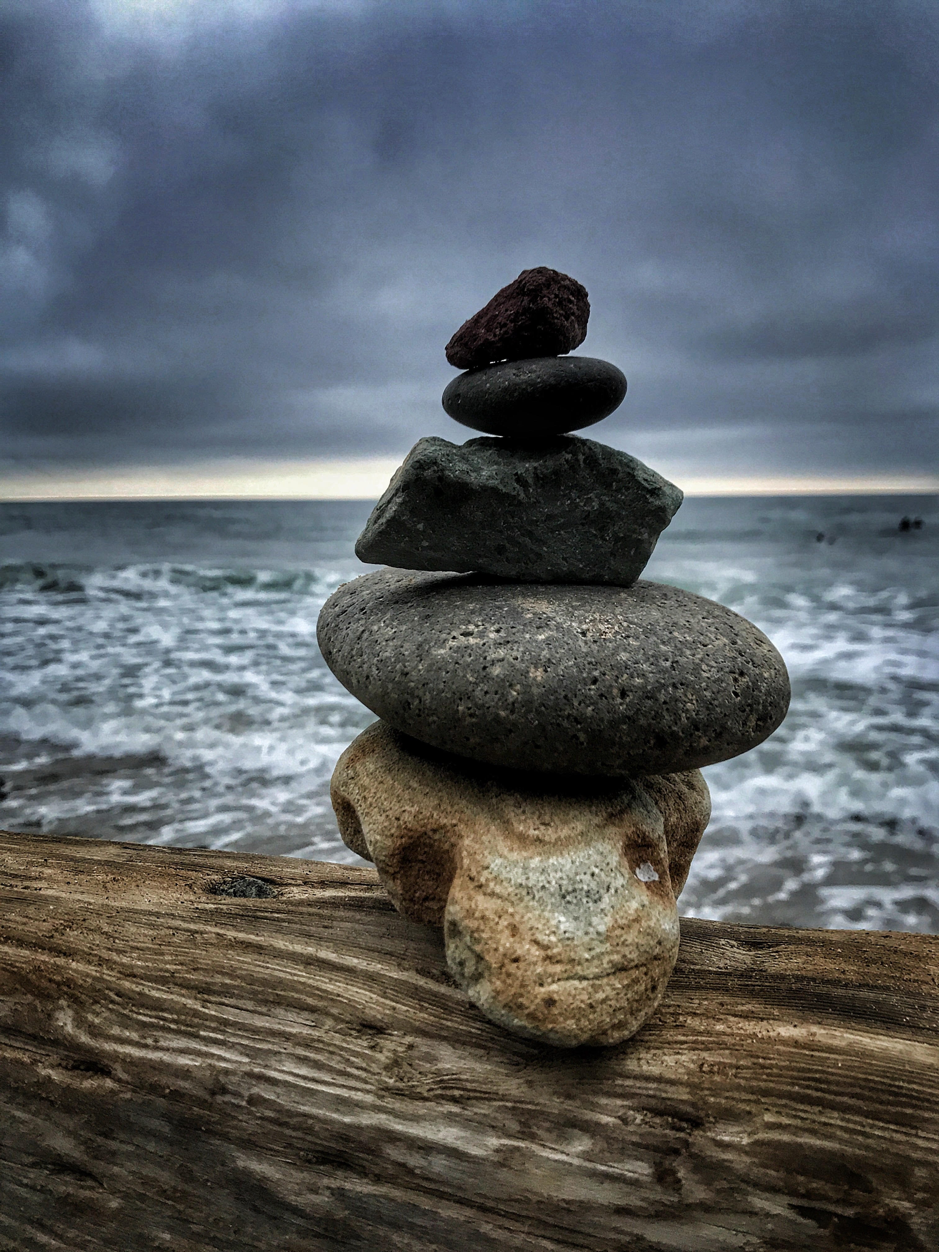 beauty in nature, stack, pebble, rocks, zen-like, no people, rock - object, close-up, stone, zen, boulder, outdoors, Stacking Rocks, solid, waves, Dark Sky, Phone HD Wallpaper