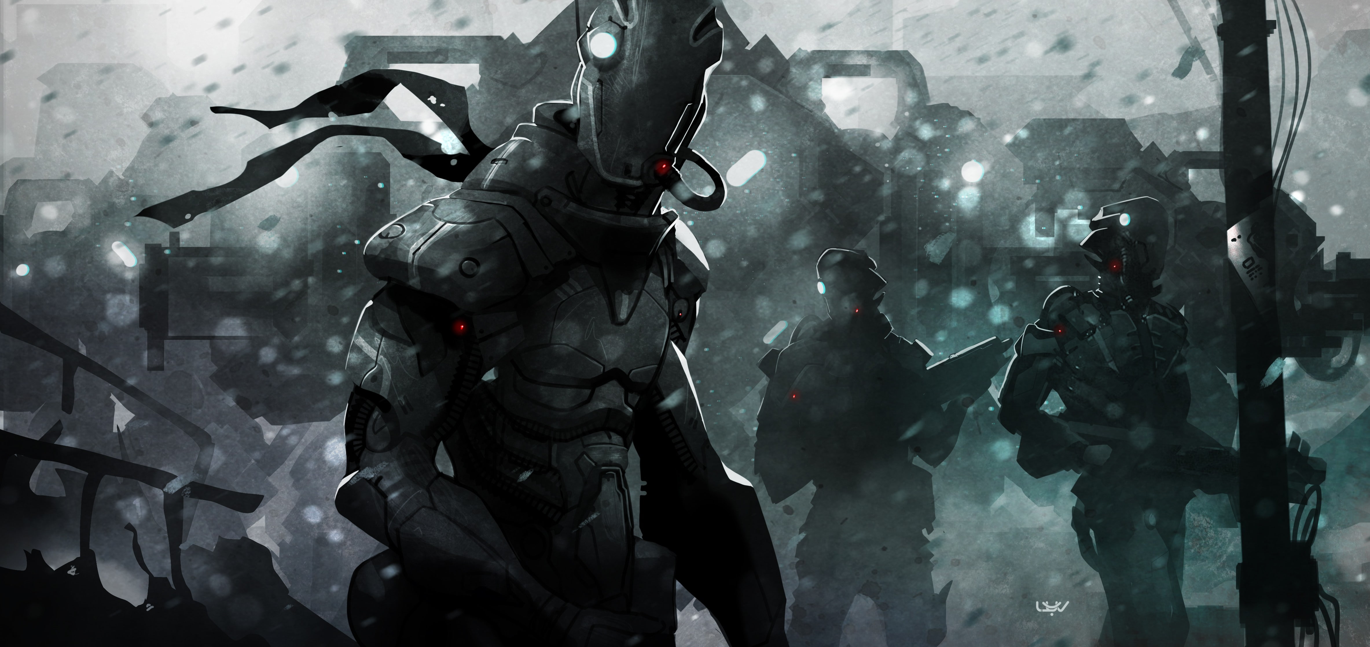 weapon, fantasy art, 4734x2235, display, robot, art, 4K, halo, gun, screen, fantasy, HD Wallpaper