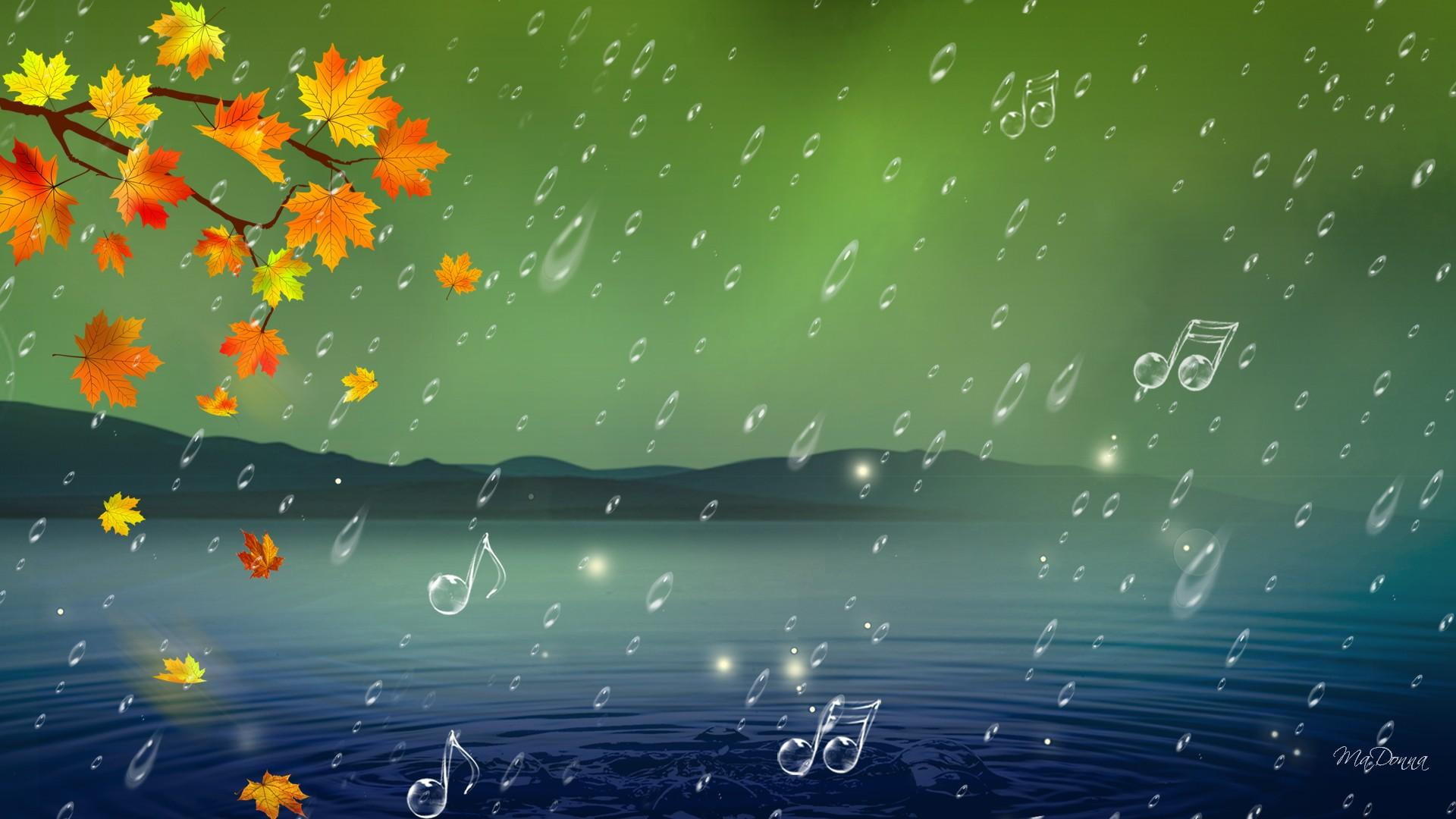 fall, autu, lake, autumn, leaves, tree limb, music notes, music, falling leaves, 1080P, hills, river, firefox persona, HD Wallpaper