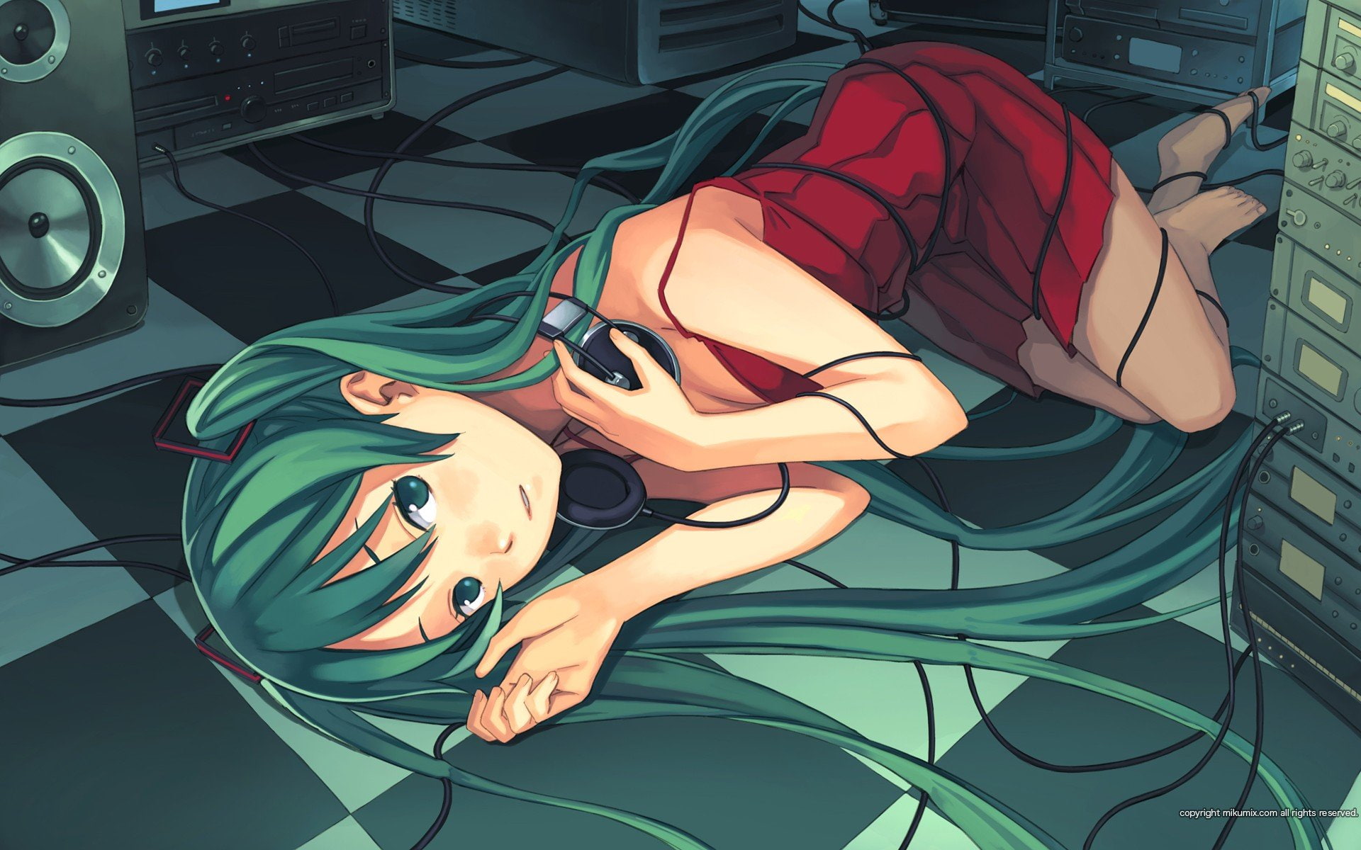 parted, dress, vocaloid, cleavage, wires, twintails, speakers, headphones, long, shoulders, hair, barefoot, hatsune, miku, lips, bare, cables, ornaments, HD Wallpaper