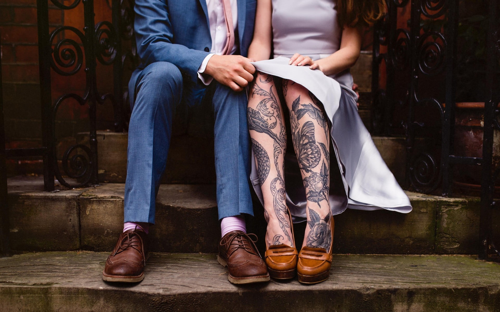 indoors, mid adult, leather, two people, men, s, brown, front view, shoes, low section, leisure activity, togetherness, sitting, shoe, tattoo, people, real people, HD Wallpaper
