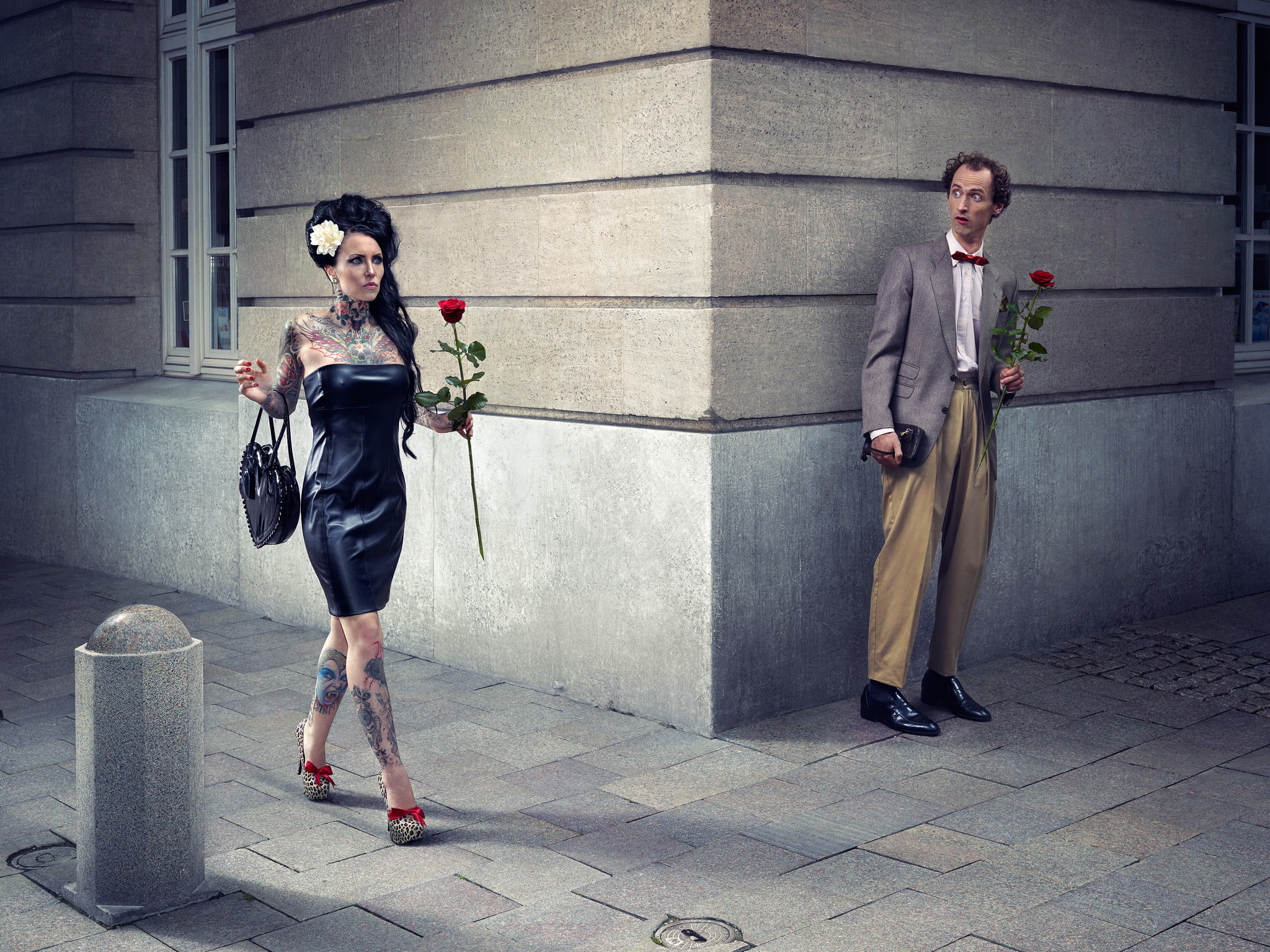 tattoo, women, surprised, inked girls, 1080P, high heels, leather dress, flowers, photo manipulation, humor, rose, date, street, men, Arthur Mebius, HD Wallpaper
