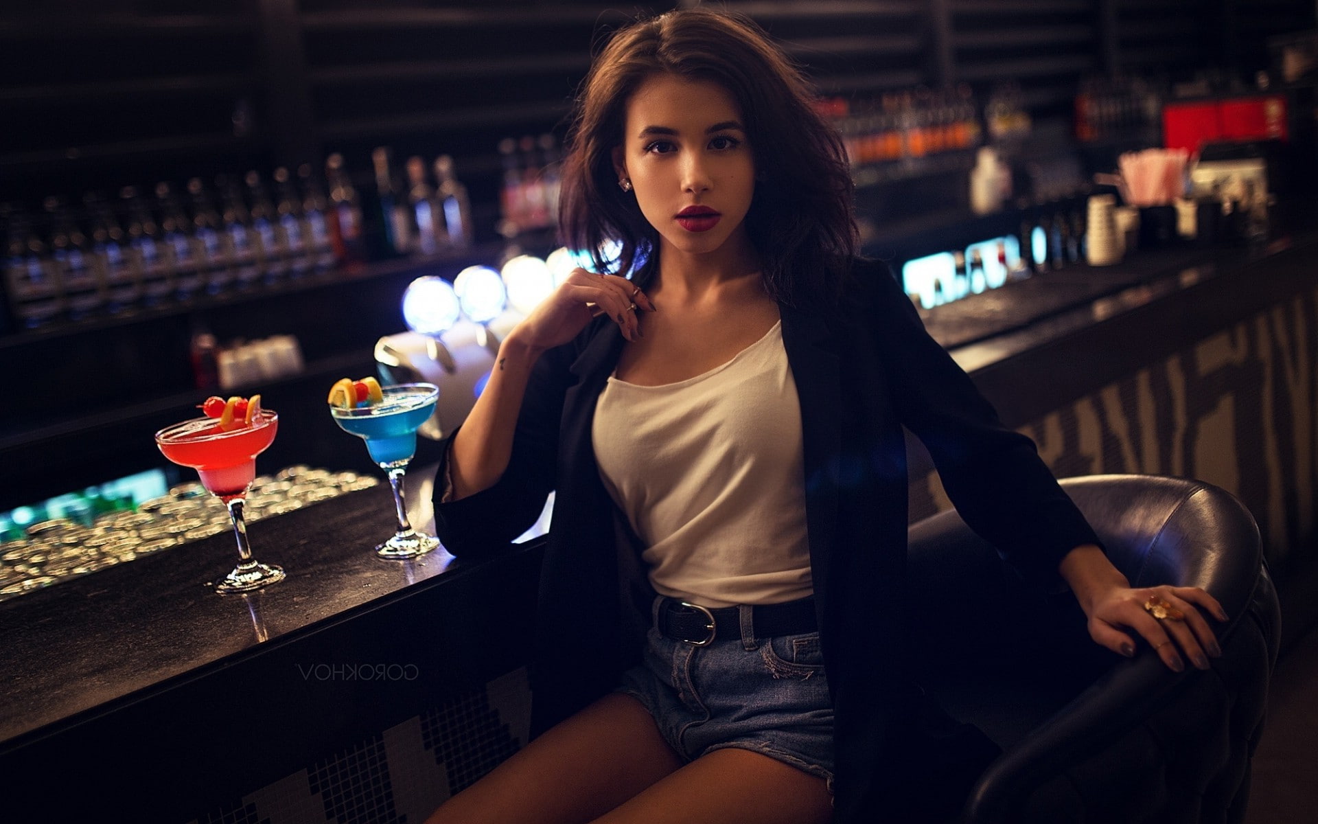 Open Mouth, nightlife, adult, Tank Top, portrait, sitting, model, drinking, young women, drink, happy hour, 1080P, women, brunette, Long Hair, bar - drink establishment, HD Wallpaper