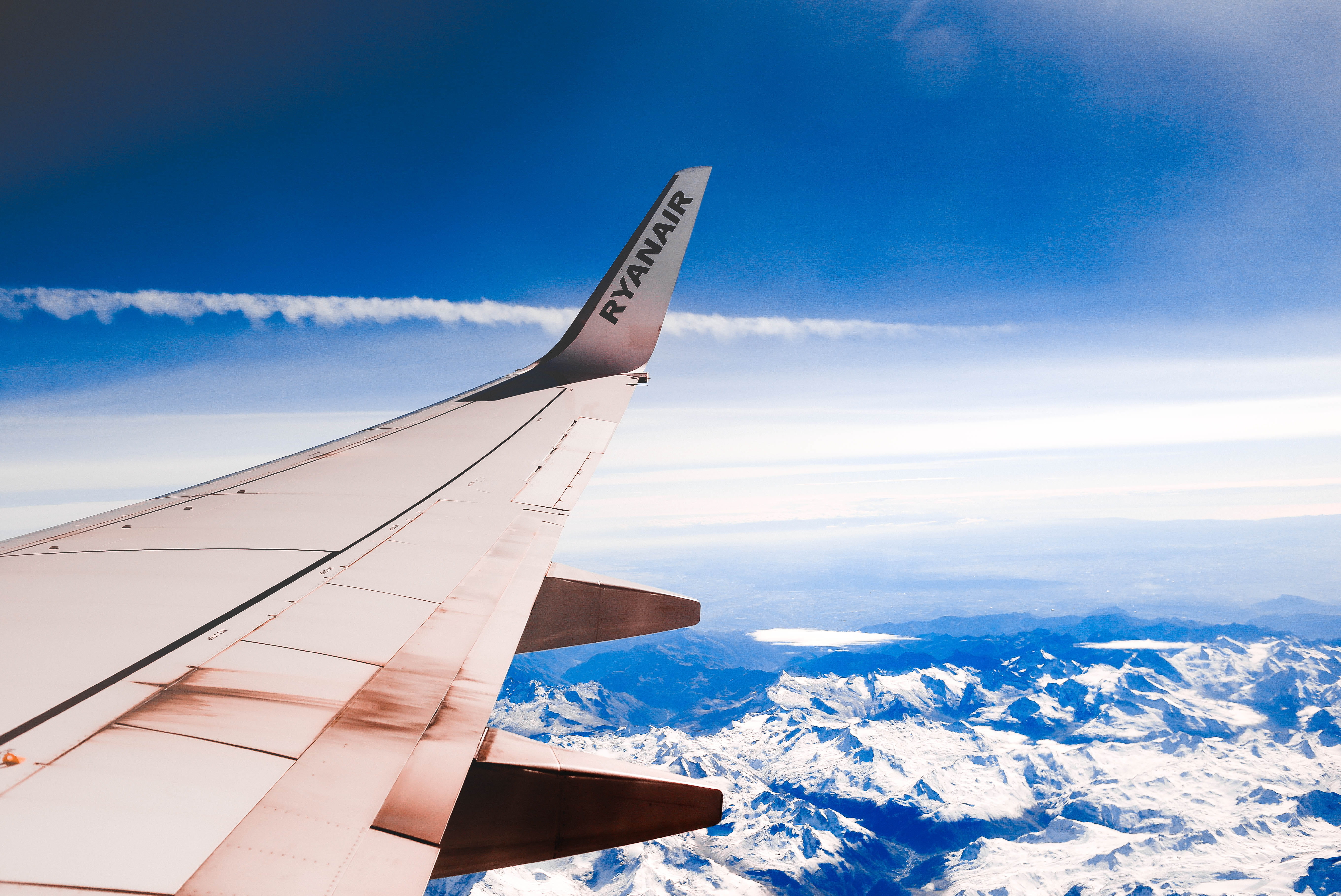 no people, snow, scenery, mountain peak, wing, blue, cold temperature, environment, landscape, ryanair, day, sky, 5K, transportation, horizon, mode of transportation, HD Wallpaper