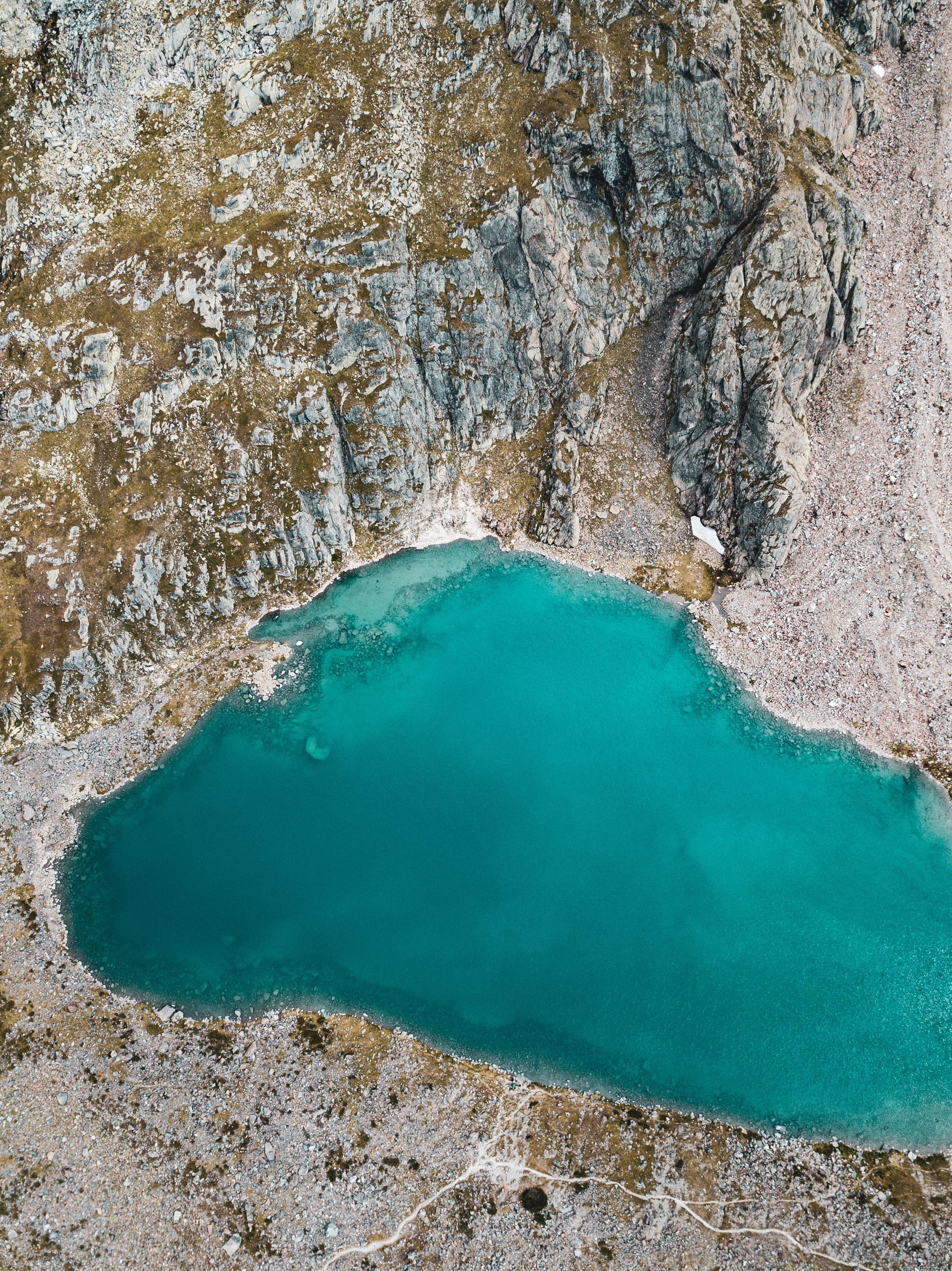 solid, aerial, no people, water, land, scenics - nature, 2K, minimal, non-urban scene, plant, rock formation, rock - object, volcanic crater, neustift im stubaital, Phone HD Wallpaper