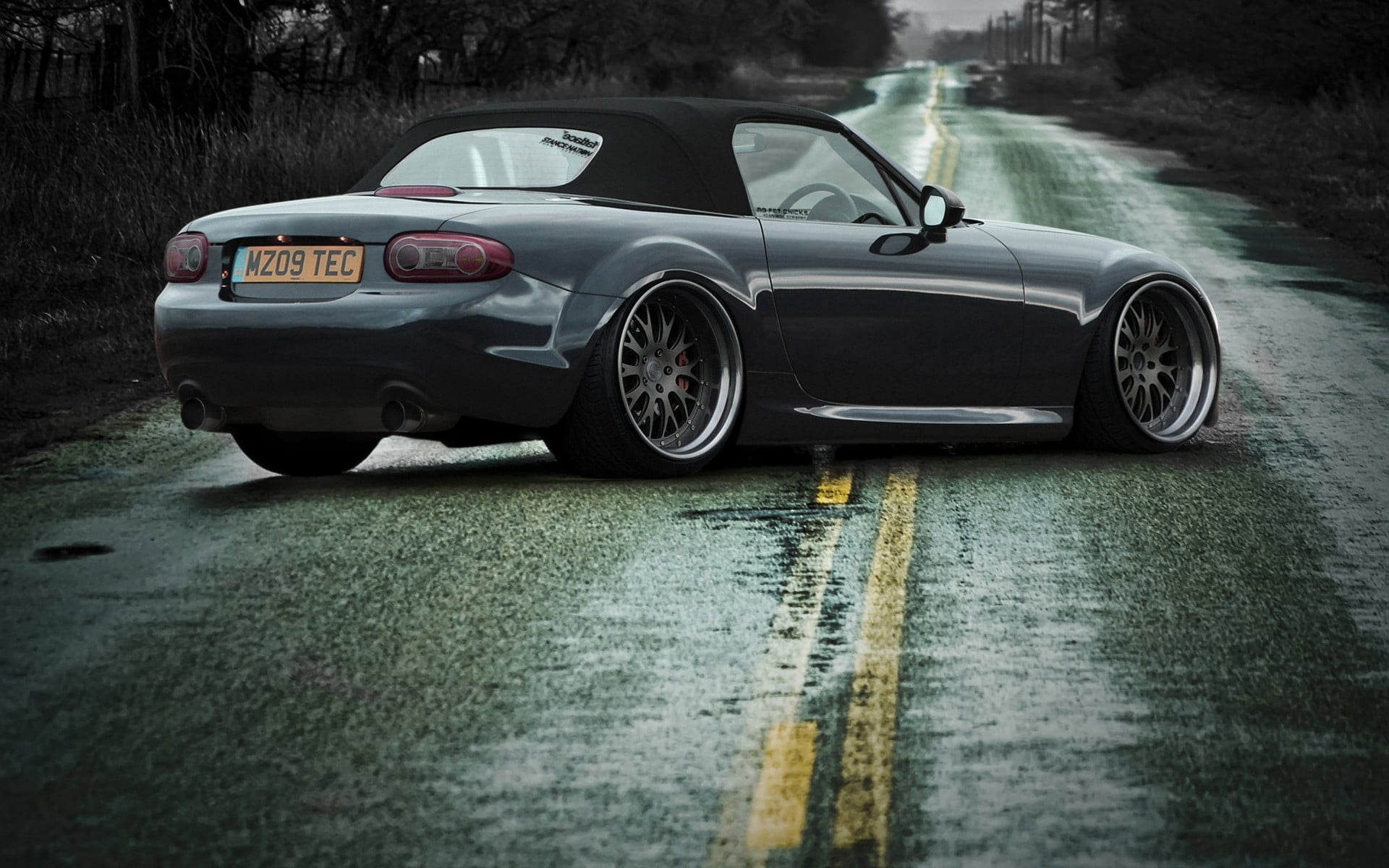 convertible, transportation, sign, sports car, travel, rain, outdoors, reflection, day, rainy season, land vehicle, coupe, gray, water, muscle cars, nature, HD Wallpaper