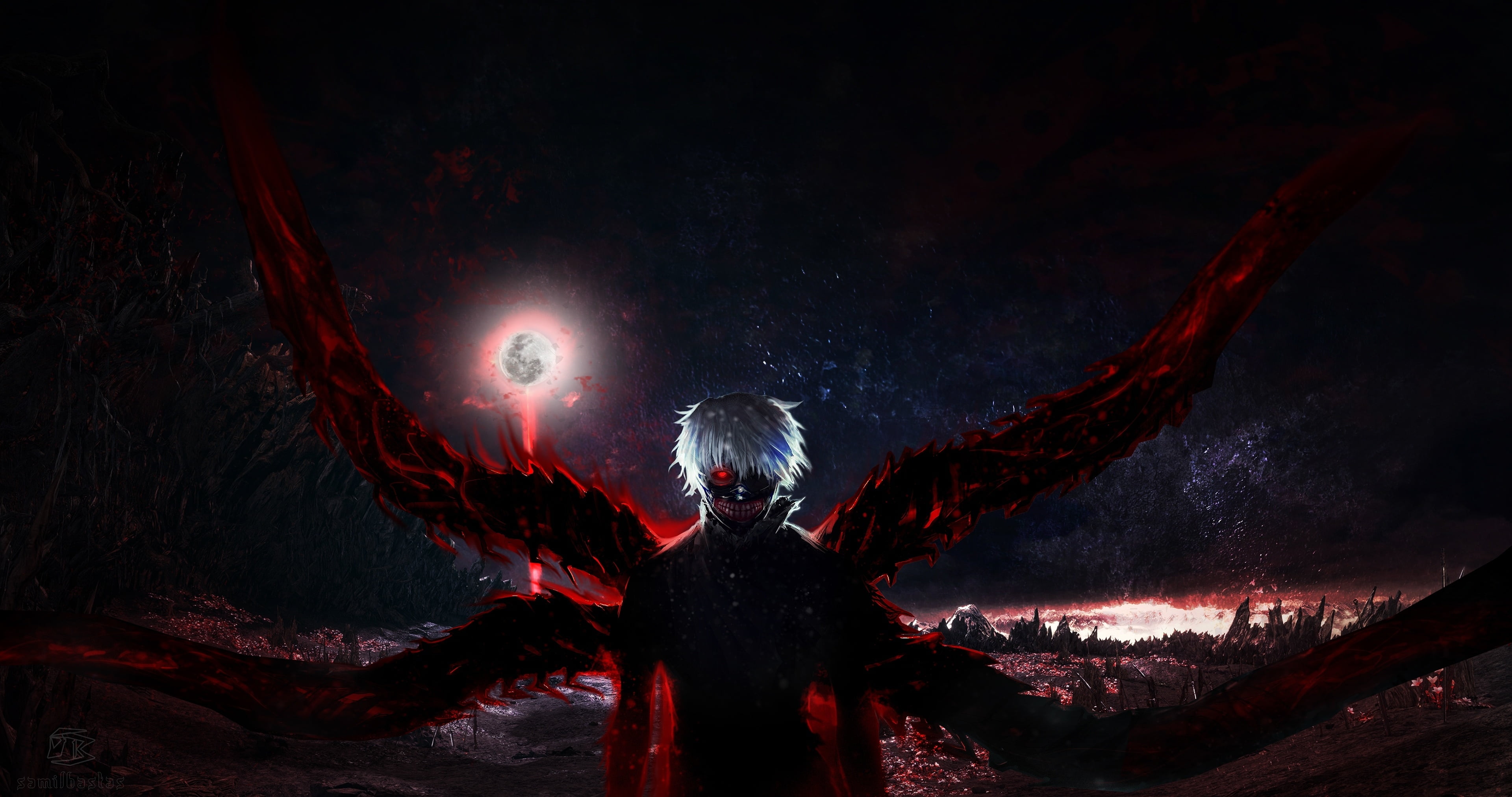 glowing eyes, Tokyo Ghoul, digital, Kaneki Ken, manga, digital art, anime boys, anime, dark, fantasy art, 4K, HD Wallpaper