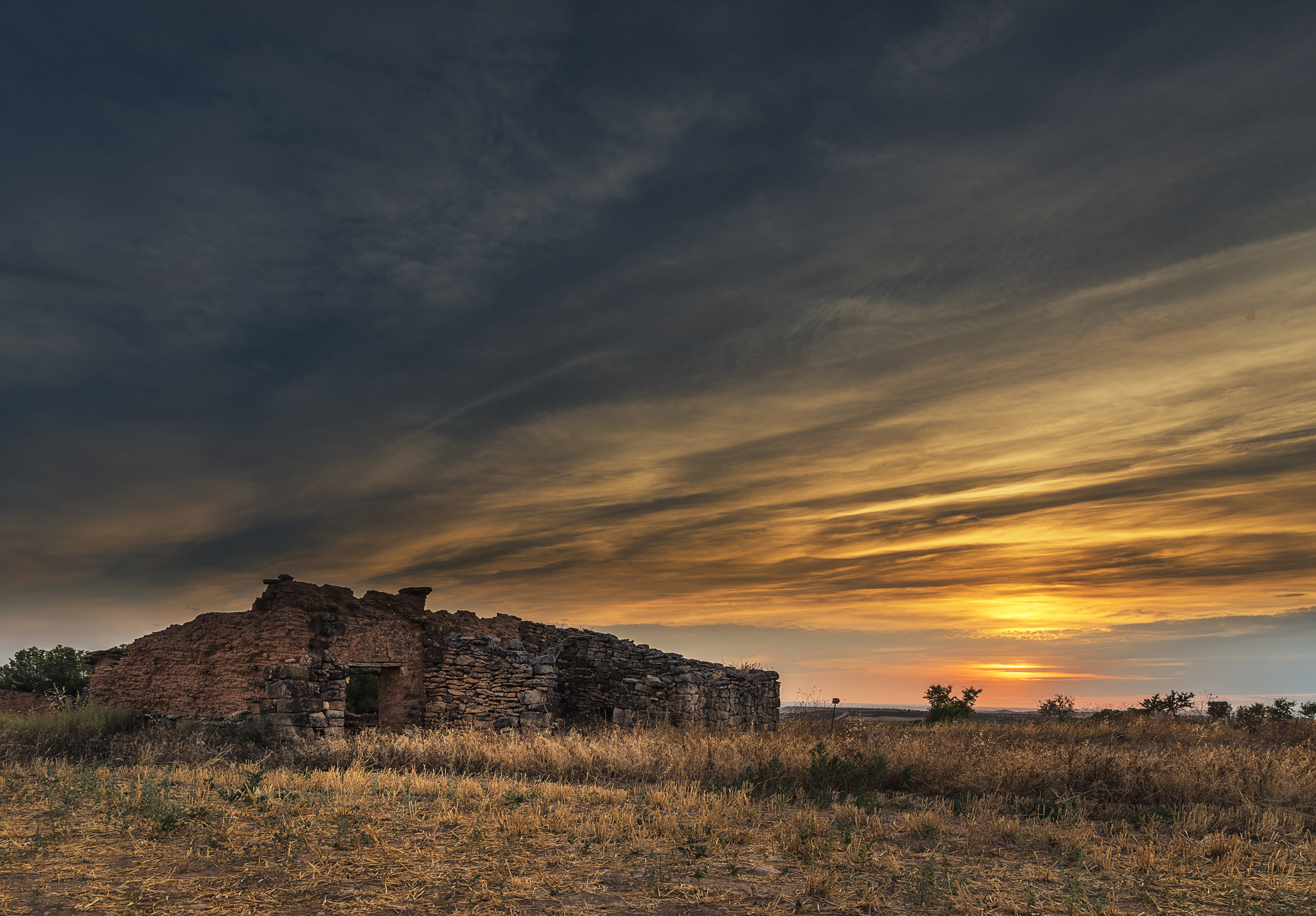 color, house, nature, landscape, building exterior, house ruins, scenics - nature, blue, sky, brick, history, brown, sunset, outdoors, orange color, grass, HD Wallpaper