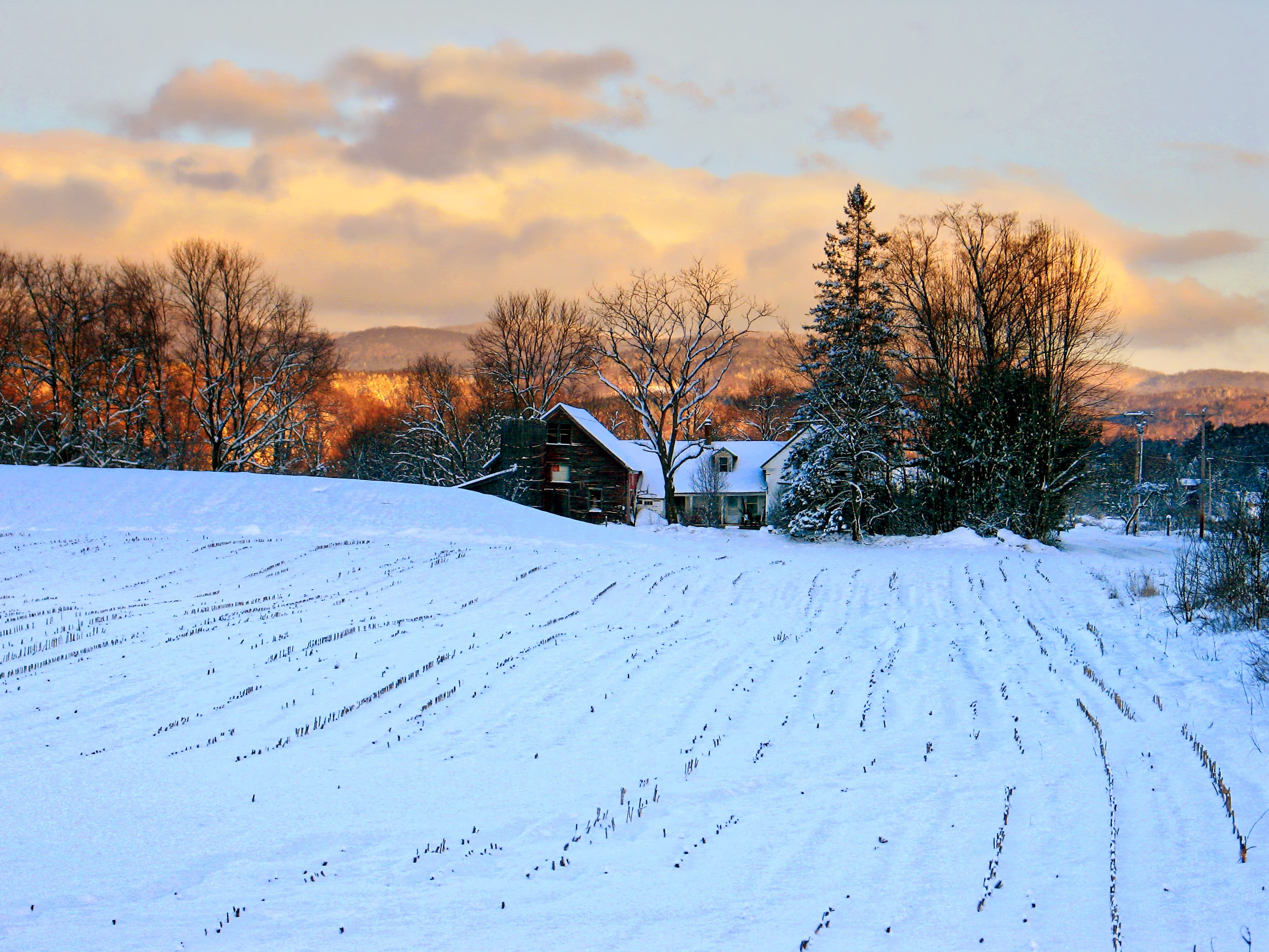 america, outdoors, plant, snow, cold temperature, tranquility, winter, old, scenics, moody, sunset, barn, Landscape, countryside, scenic, tranquil scene, HD Wallpaper