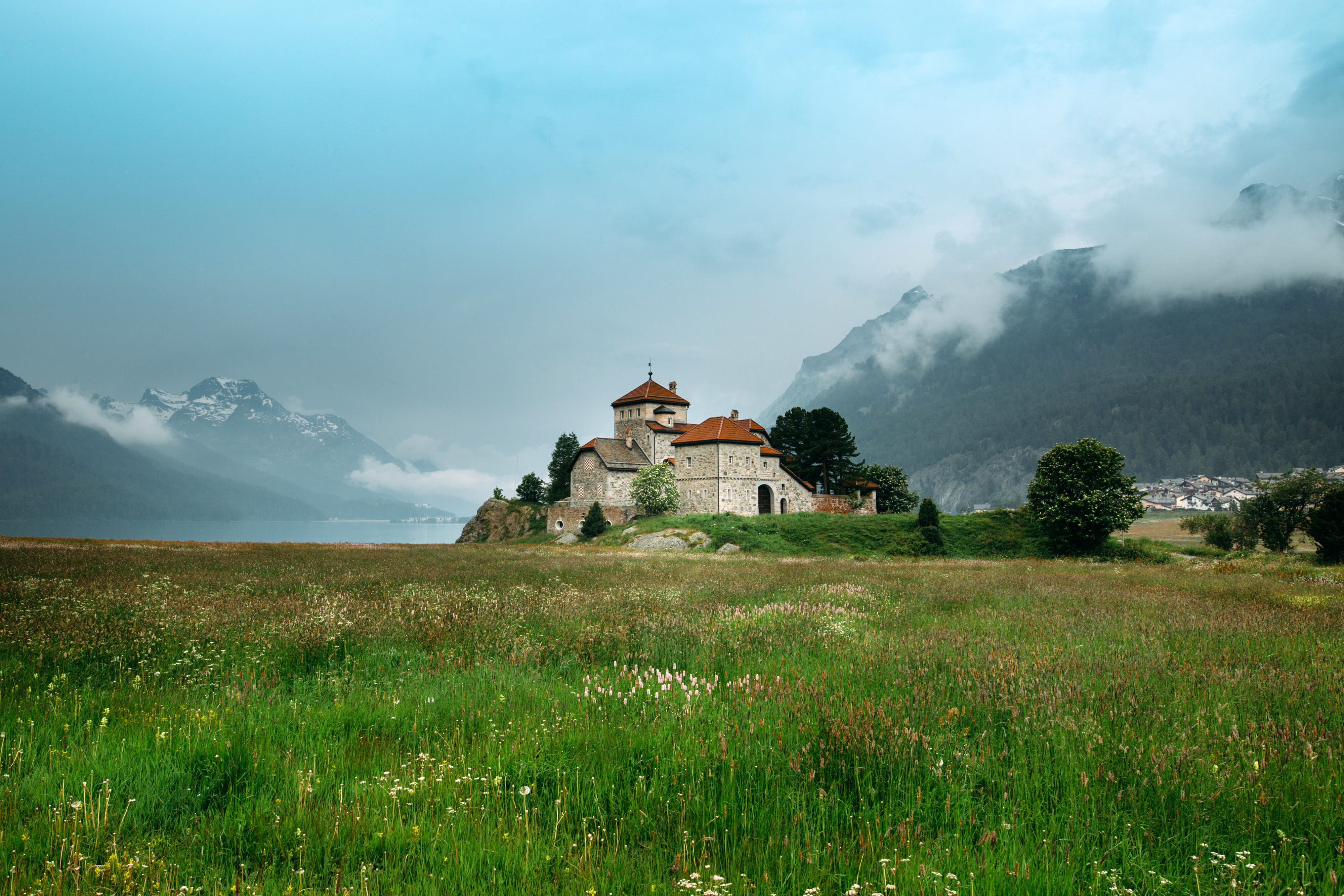 belief, land, plant, spirituality, cultures, grassy, field, landscape, monastery, outdoors, built structure, public domain, end, building, religion, sky, HD Wallpaper