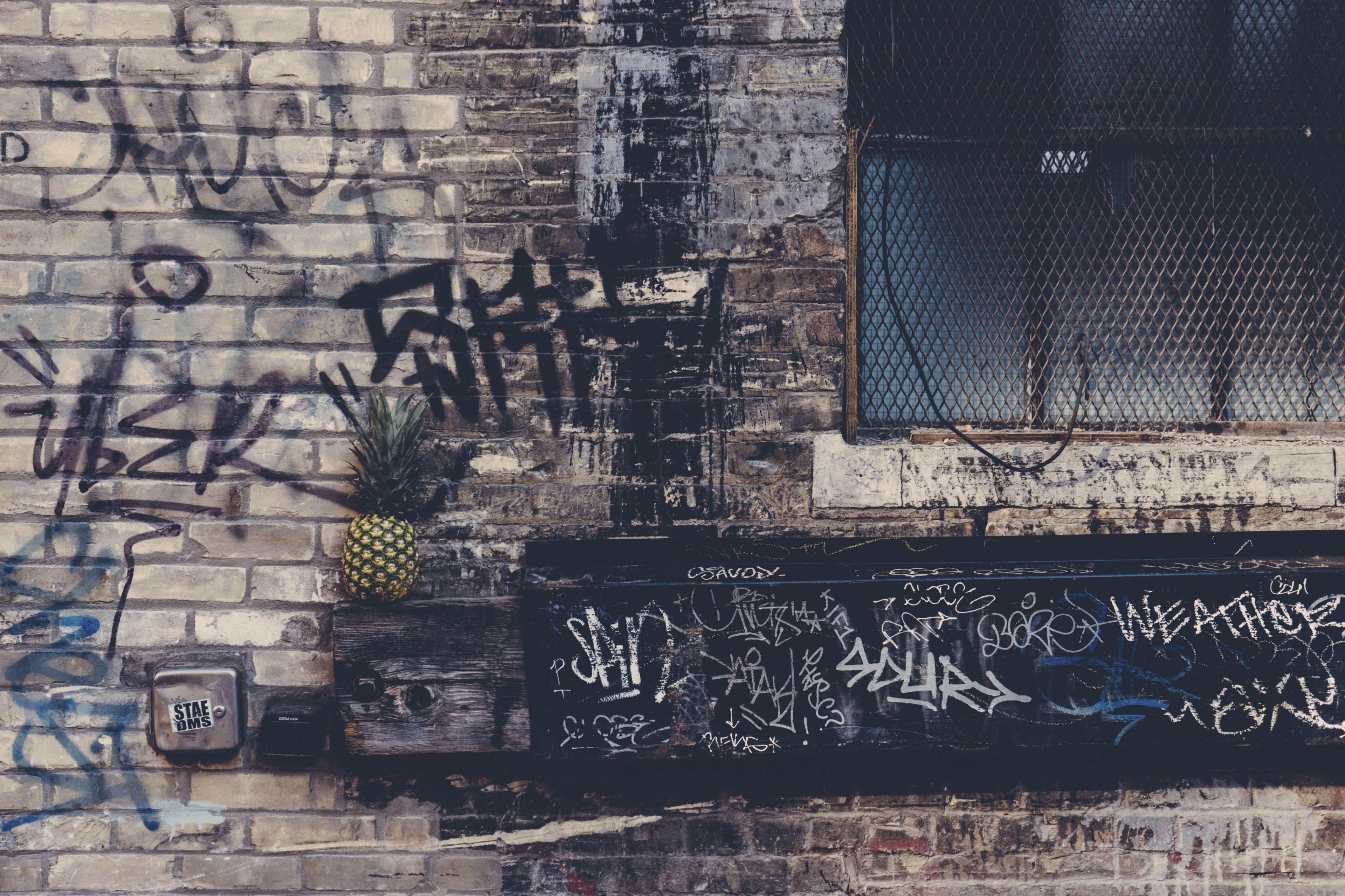 city, fruit, no people, town, building, staircase, 4K, brick wall, pineapple, brick, vandalism, wall, built structure, dirty, building exterior, text, HD Wallpaper