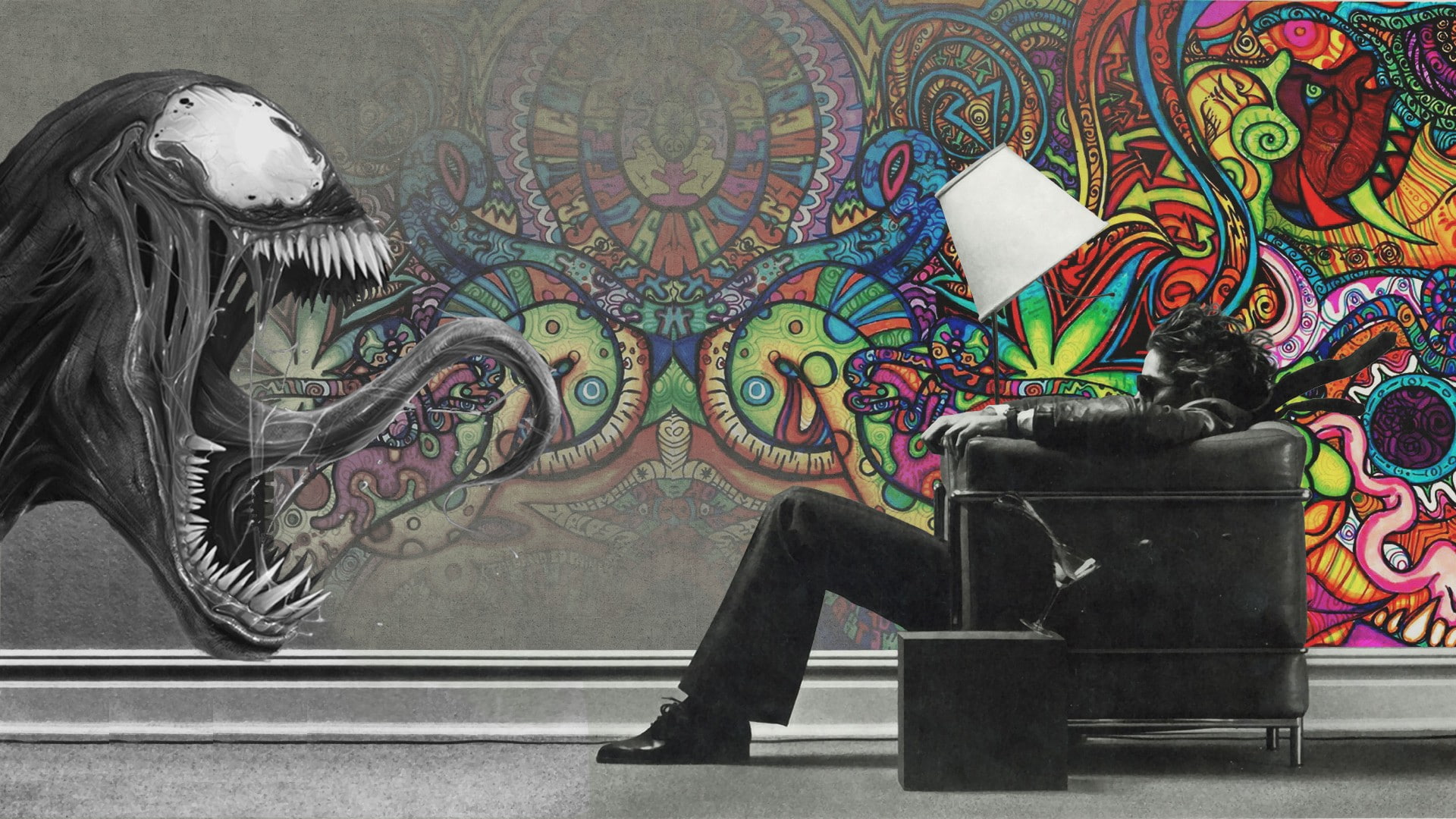Hitachi Maxell, digital art, Venom, artwork, sunglasses, commercial, people, sitting, selective coloring, chair, windy, lamp, 1080P, HD Wallpaper