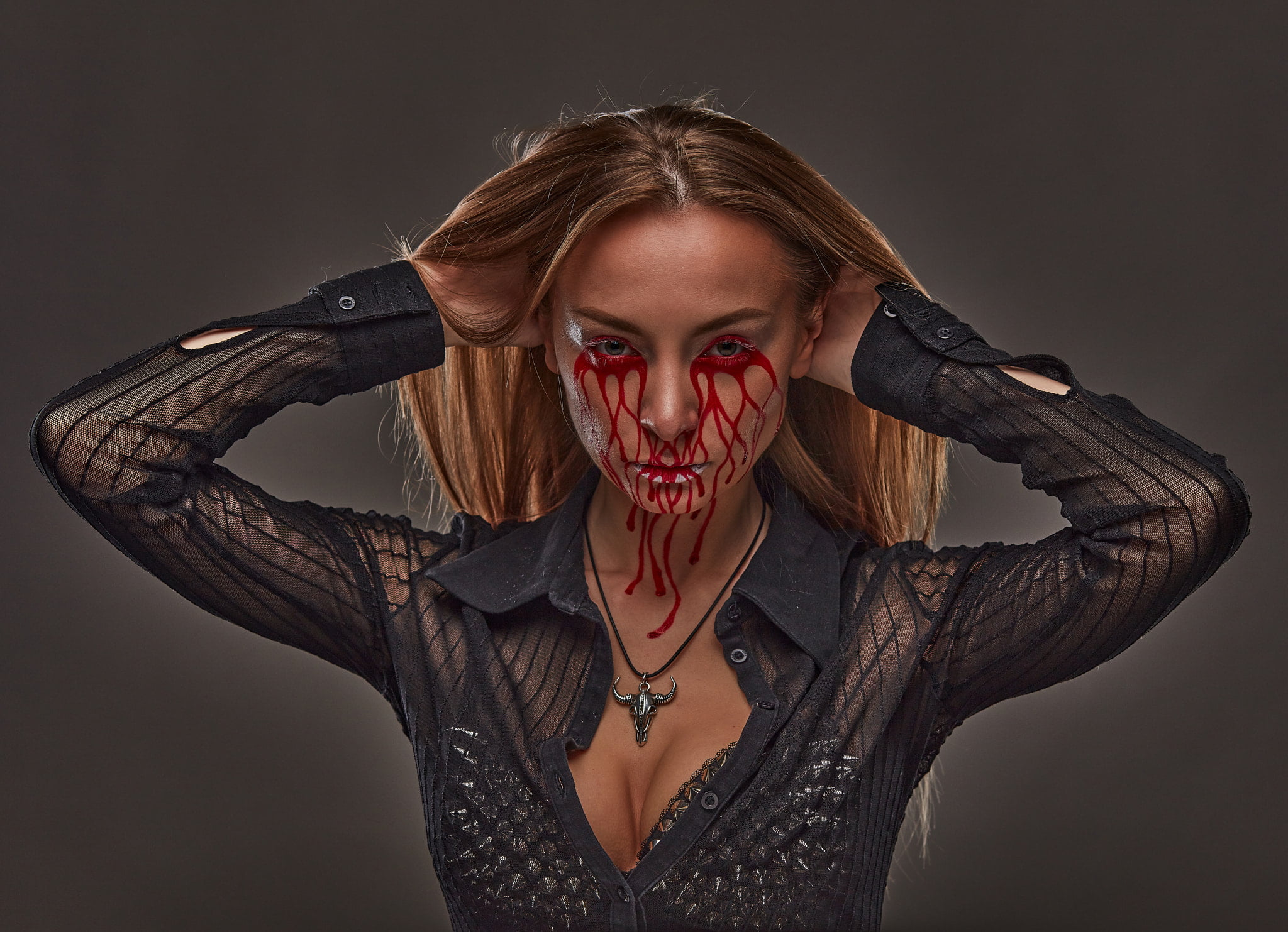 model, Bleeding Eyes, women, women indoors, face, 1080P, HD Wallpaper