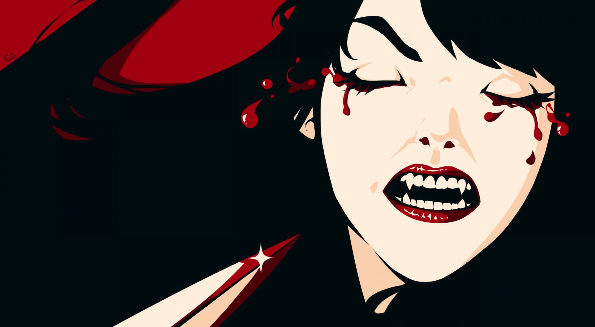 artwork, vampires, women, closed eyes, Bleeding Eyes, teeth, blood, horror, 720P, HD Wallpaper