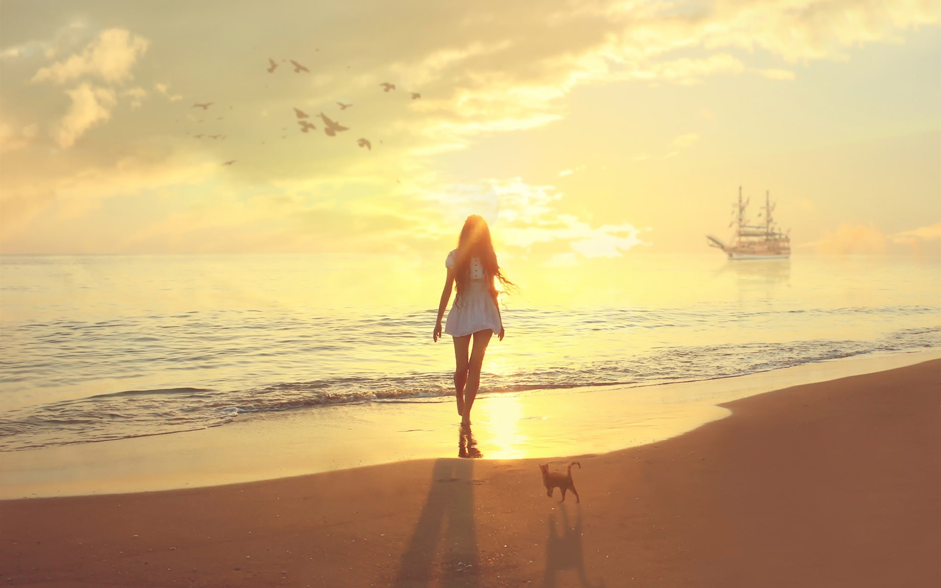 Sea, Sailboat, Beach, Girl, Cat, Sunset, 1080P, HD Wallpaper