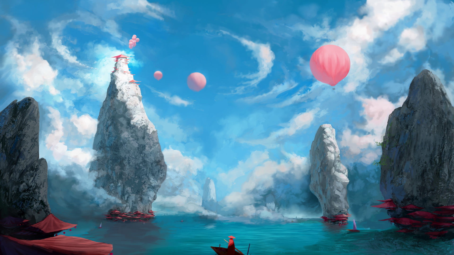 swimming pool, 1080P, digital art, motion, digital composite, environment, water, sky, outdoors, nature, tranquil scene, red, cloud - sky, travel destinations, HD Wallpaper