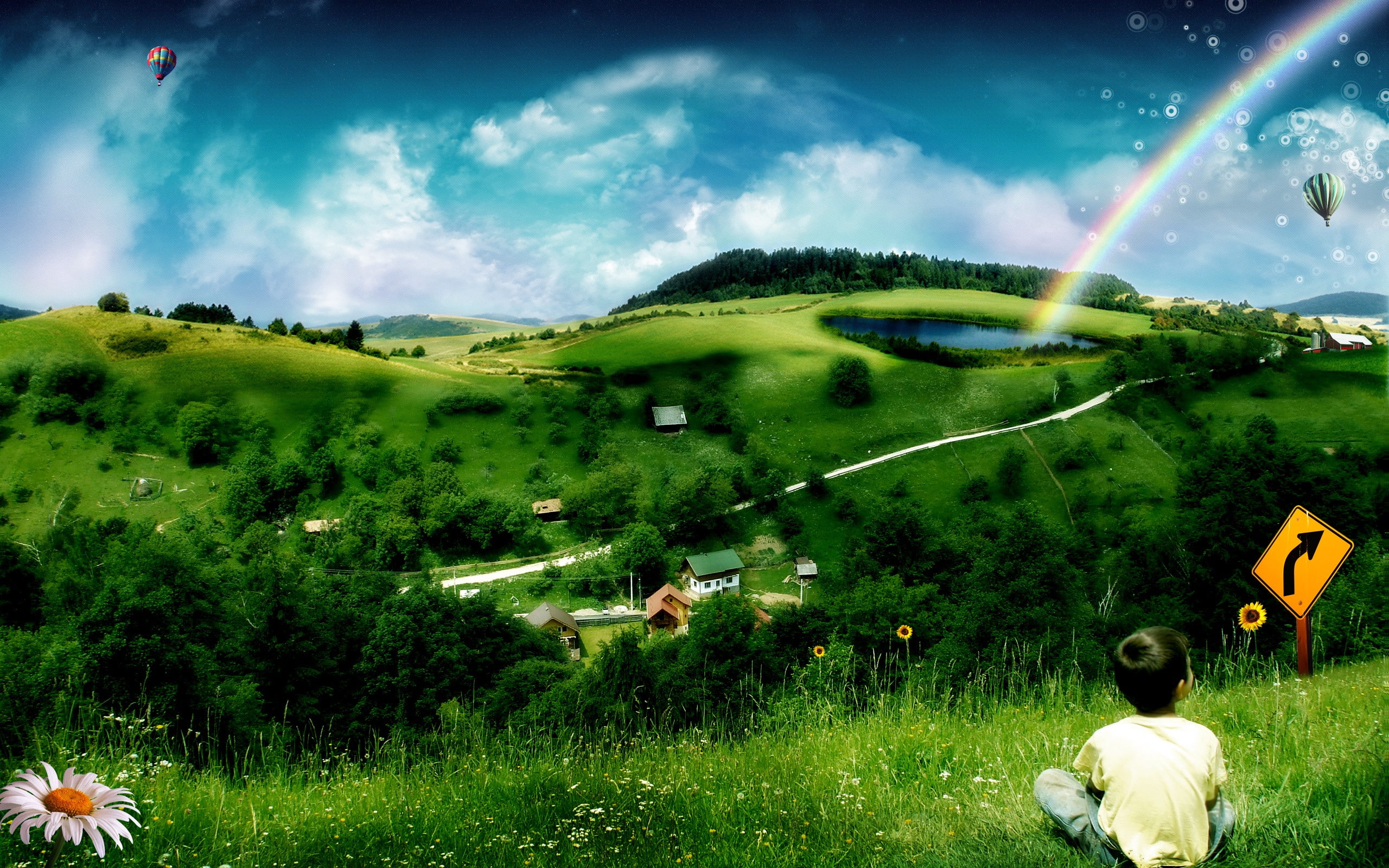 digital art, 2K, rainbows, flowers, fantasy art, children, hot air balloons, sign, HD Wallpaper