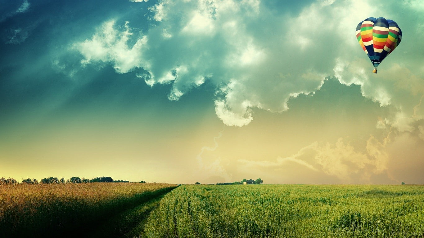landscape, 720P, field, clouds, digital art, hot air balloons, sky, HD Wallpaper