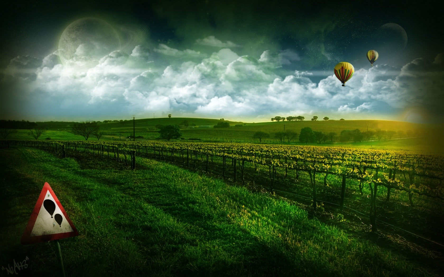 landscape, hot air balloons, digital art, 720P, sign, space, space art, HD Wallpaper
