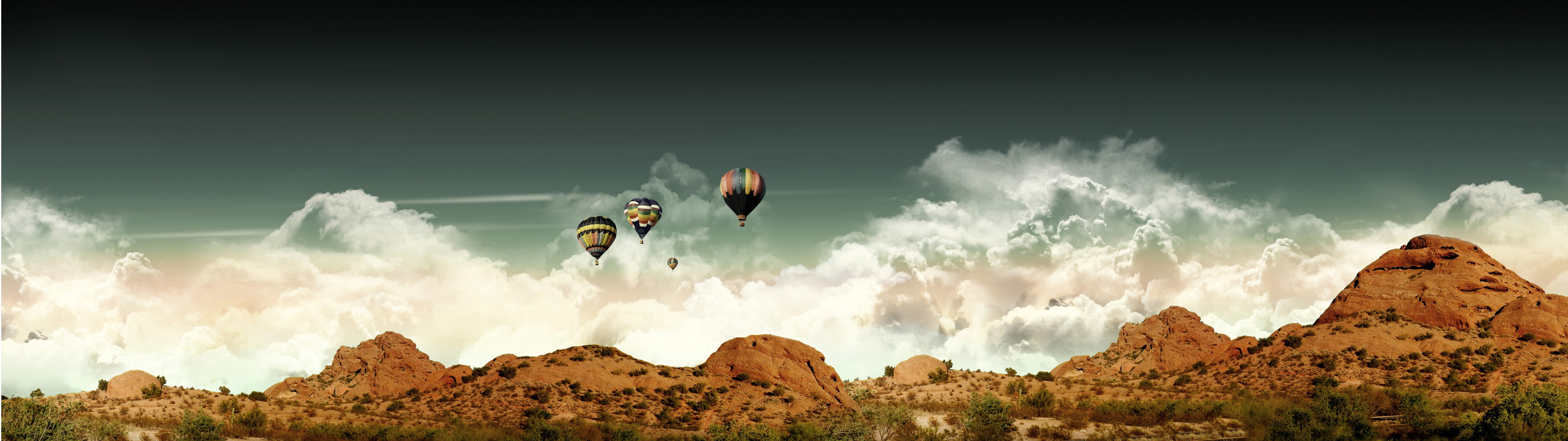 clouds, Hot Air Balloons, landscape, Multiple Display, Desert, 4K, Dual Monitors, mountains, HD Wallpaper