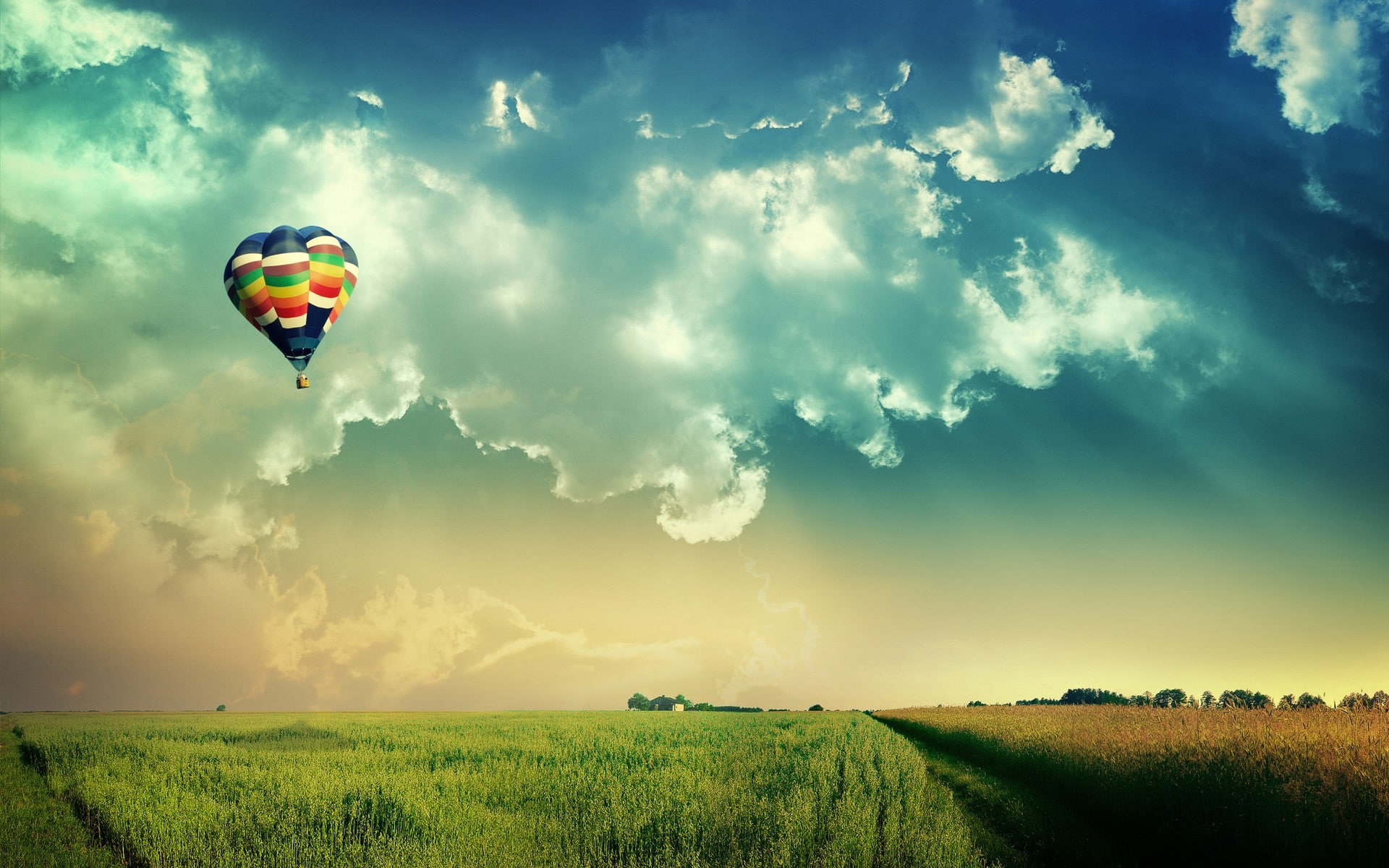 1080P, sky, field, digital art, clouds, nature, hot air balloons, landscape, HD Wallpaper