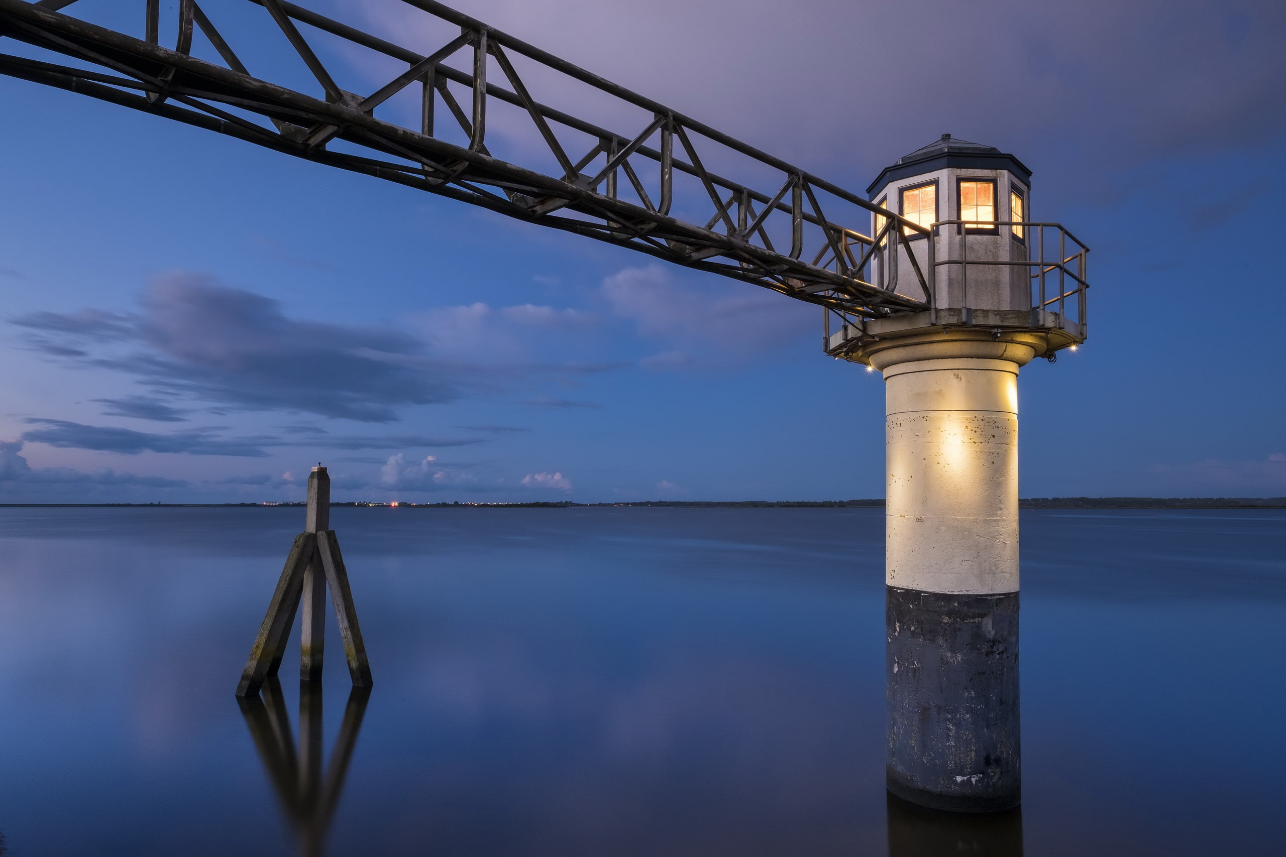 built structure, river, sky, 2K, horizon, water, transportation, outdoors, dusk, lights, connection, architecture, sea, wooden post, bridge, no people, HD Wallpaper