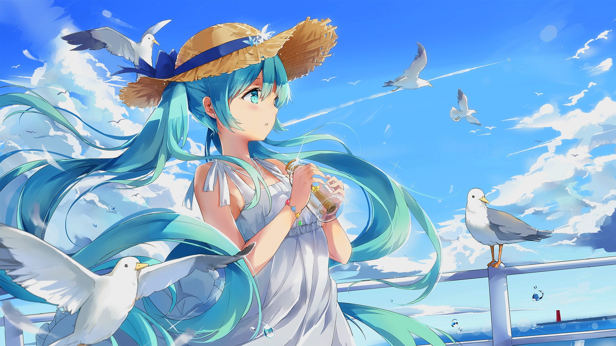 Vocaloid, women, vertebrate, nature, clear sky, representation, animals in the wild, sky, hairstyle, anime girls, anime, blue, 1080P, group of animals, HD Wallpaper