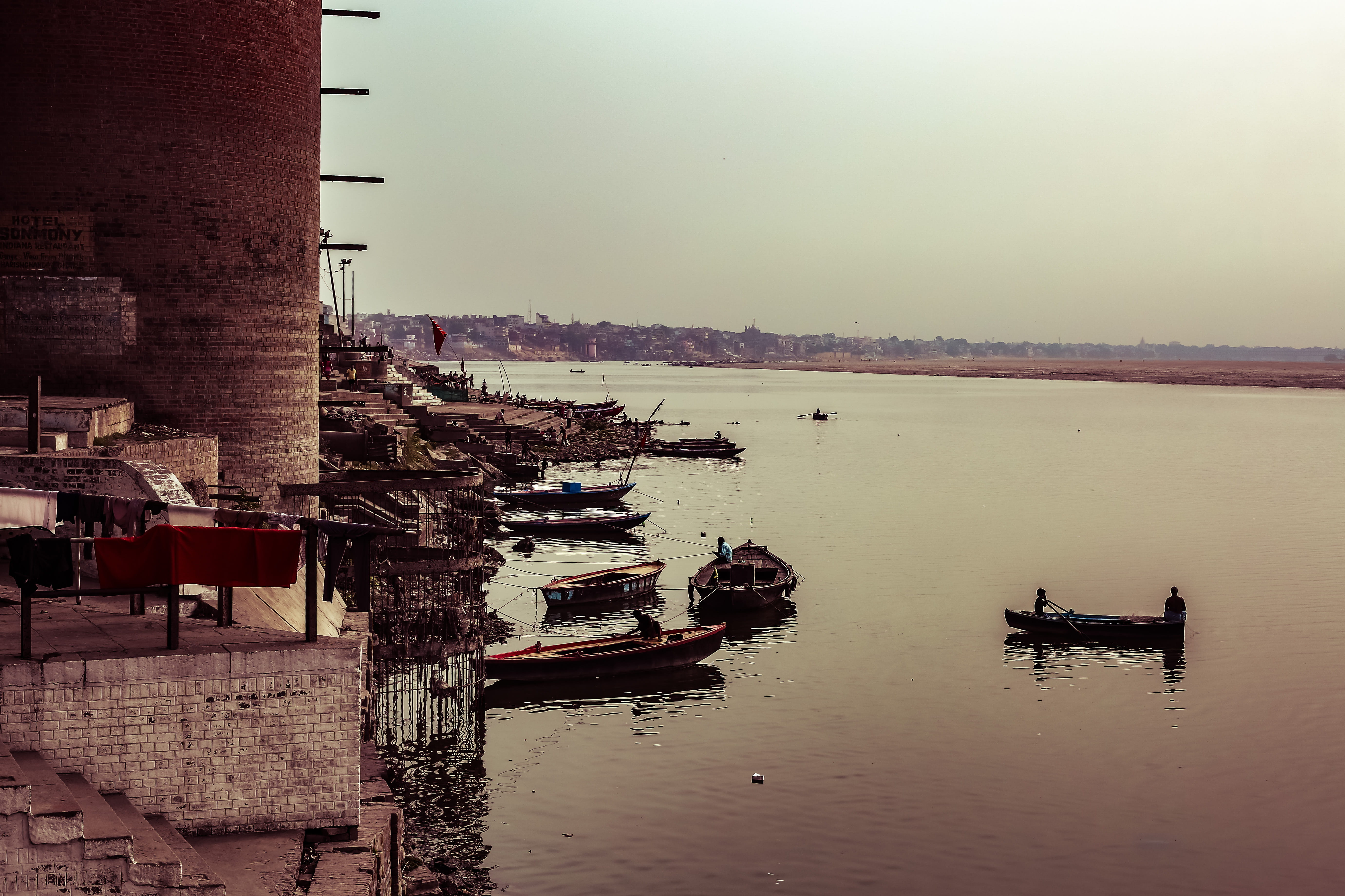waterfront, india, building exterior, reflection, no people, nature, embankment, clear sky, transportation, built structure, horizon, river, outdoors, moored, HD Wallpaper
