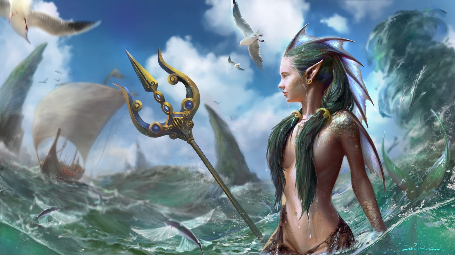 Trident, profile, 1080P, art, mermaid, sea, seagulls, fantasy, hair, ship, look, the sky, HD Wallpaper