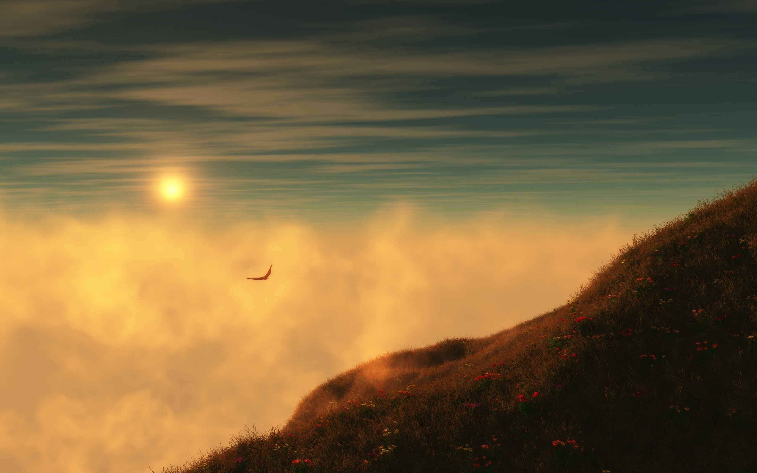 Sunrise, Mountain, Grass, Seagulls, Flying, Clouds, 2K, Sky, HD Wallpaper