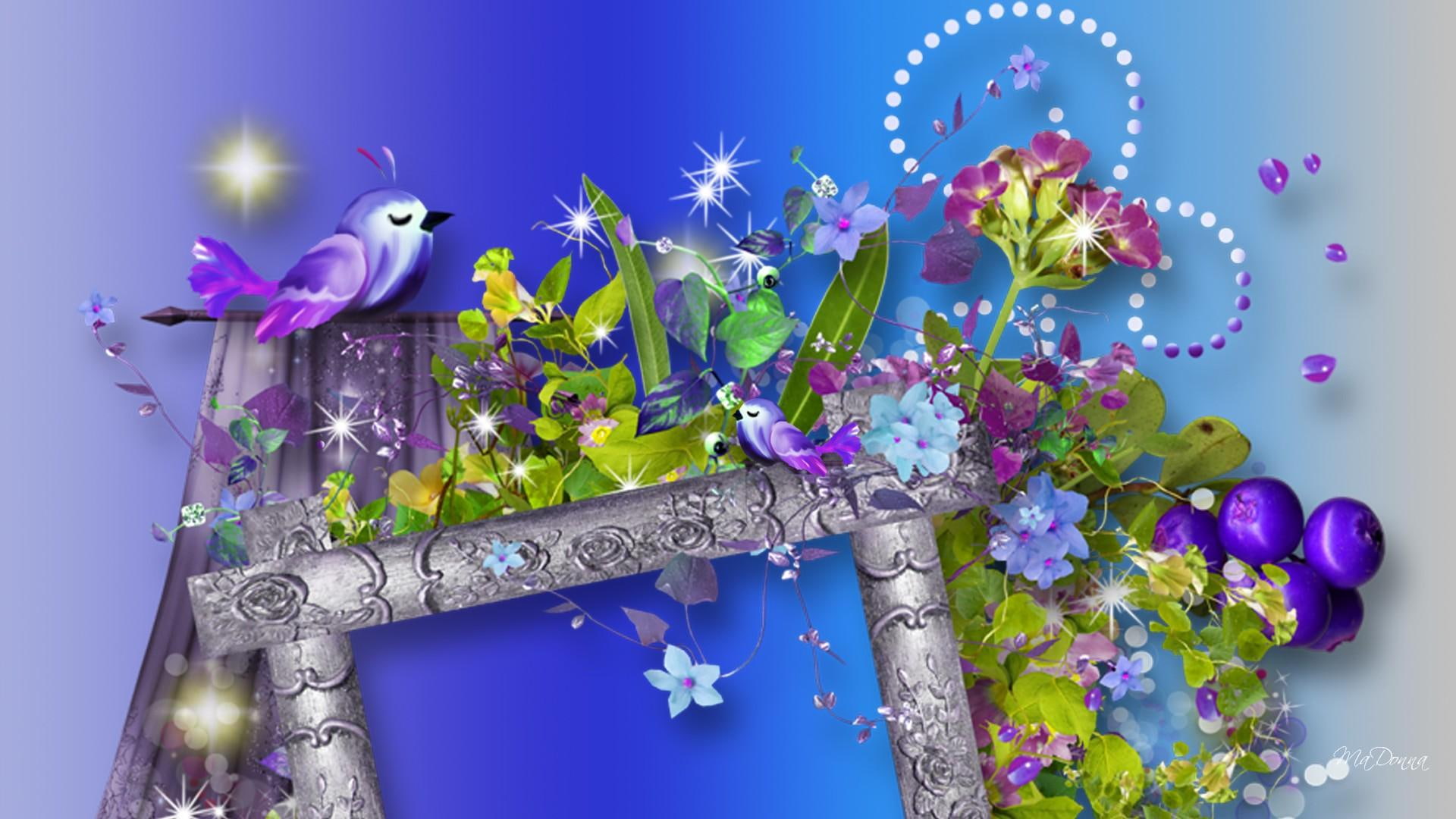 summer, purple, flowers, whimsical, bird, 1080P, blue, song, 3d and abstract, spring, lights petals, HD Wallpaper
