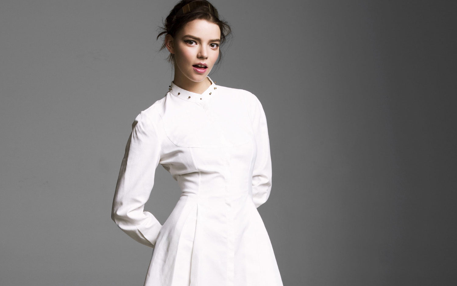 brunette, women, 720P, actress, simple background, Anya Taylor-Joy, white dress, dark hair, HD Wallpaper