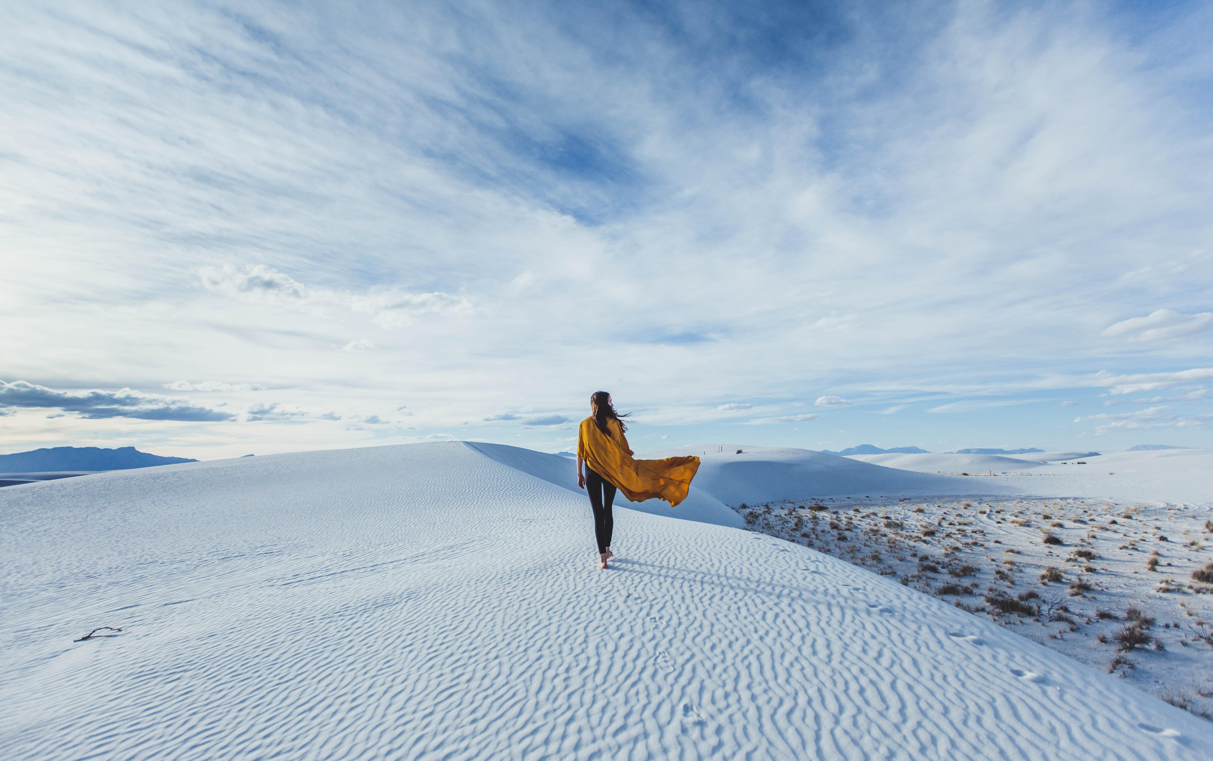 New Mexico, outdoors, vacations, New Mexico, sky, clouds, snow, long hair, desert, human arm, rear view, scenics - nature, full length, non-urban scene, HD Wallpaper