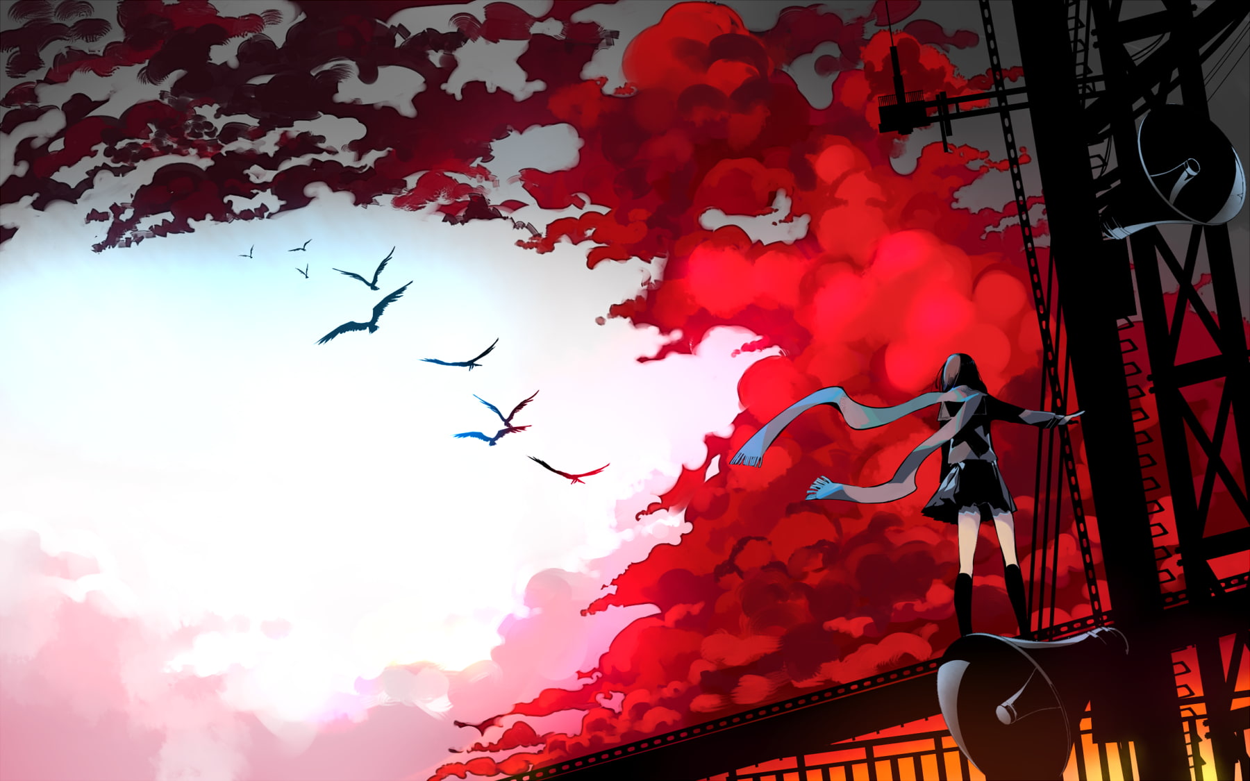 bird, people, low angle view, cloud - sky, vertebrate, built structure, nature, ayano, 720P, Anime, real people, large group of animals, flying, architecture, HD Wallpaper