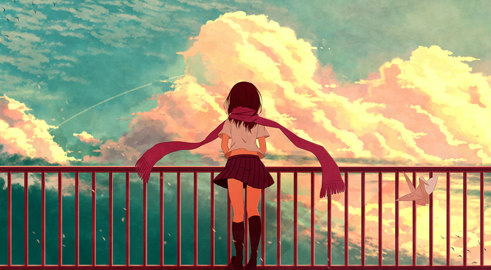 paper, scarf, tateyama, sky, brown, star, 720P, kneehighs, skirt, project, kagerou, ayano, clouds, hair, aya, HD Wallpaper