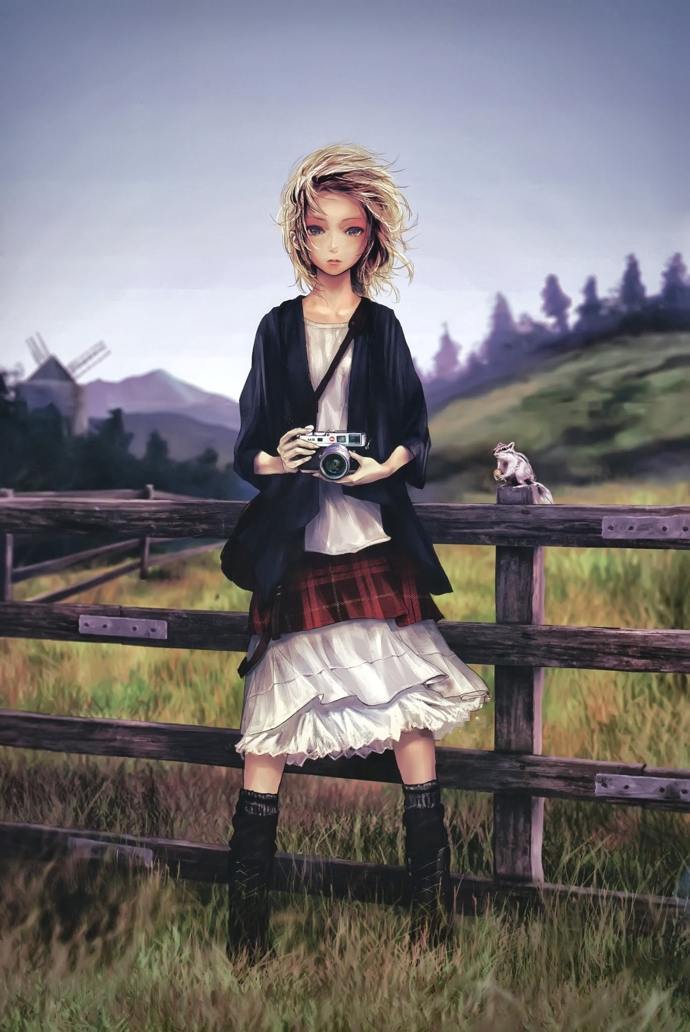 digital art, anime girls, fence, nature, plant, fashion, hairstyle, blond hair, females, mountain, barrier, squirrel, one person, sky, 1080P, anime, hair, Phone HD Wallpaper