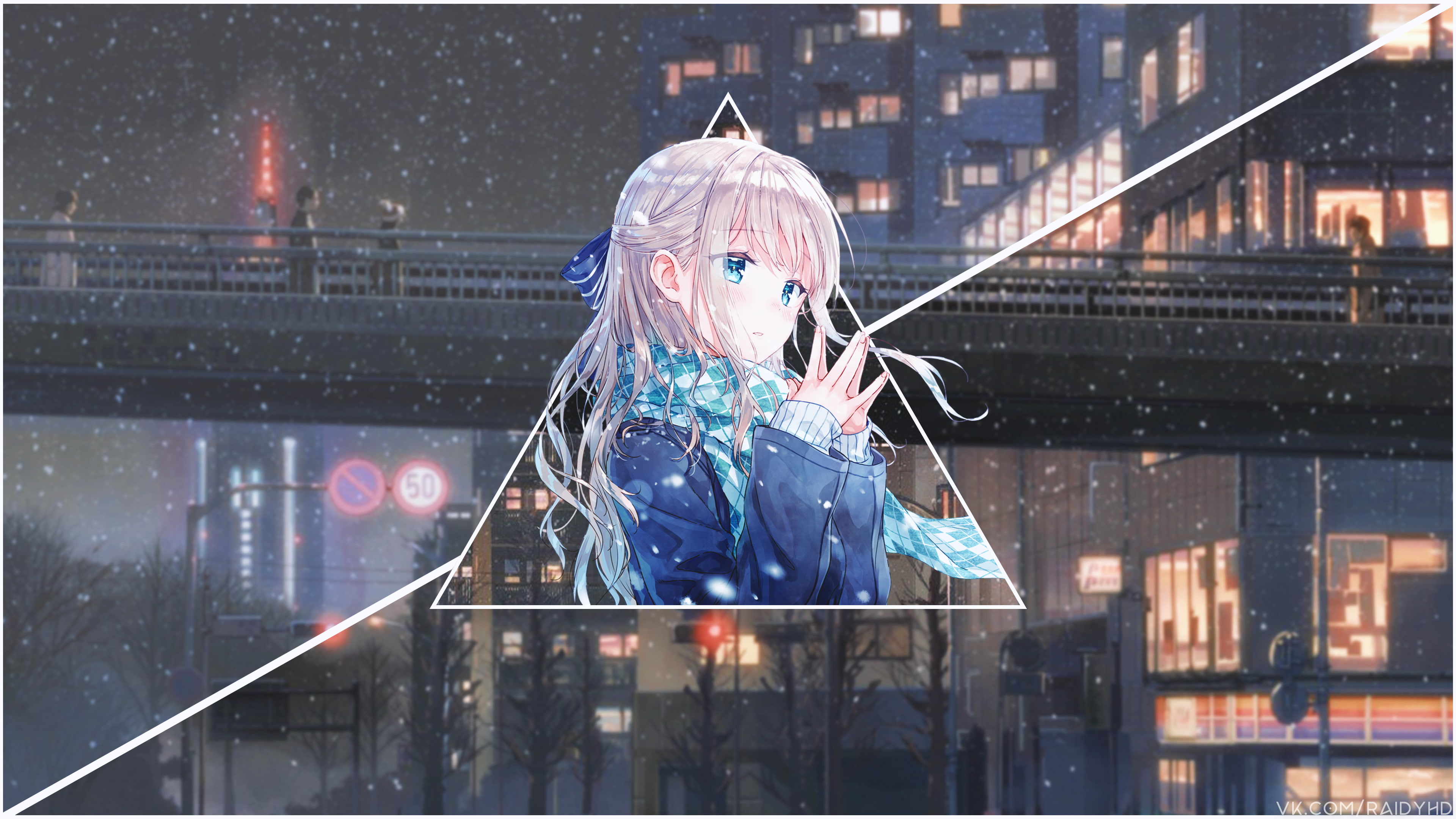 4K, picture-in-picture, snow, anime girls, scarf, anime, HD Wallpaper