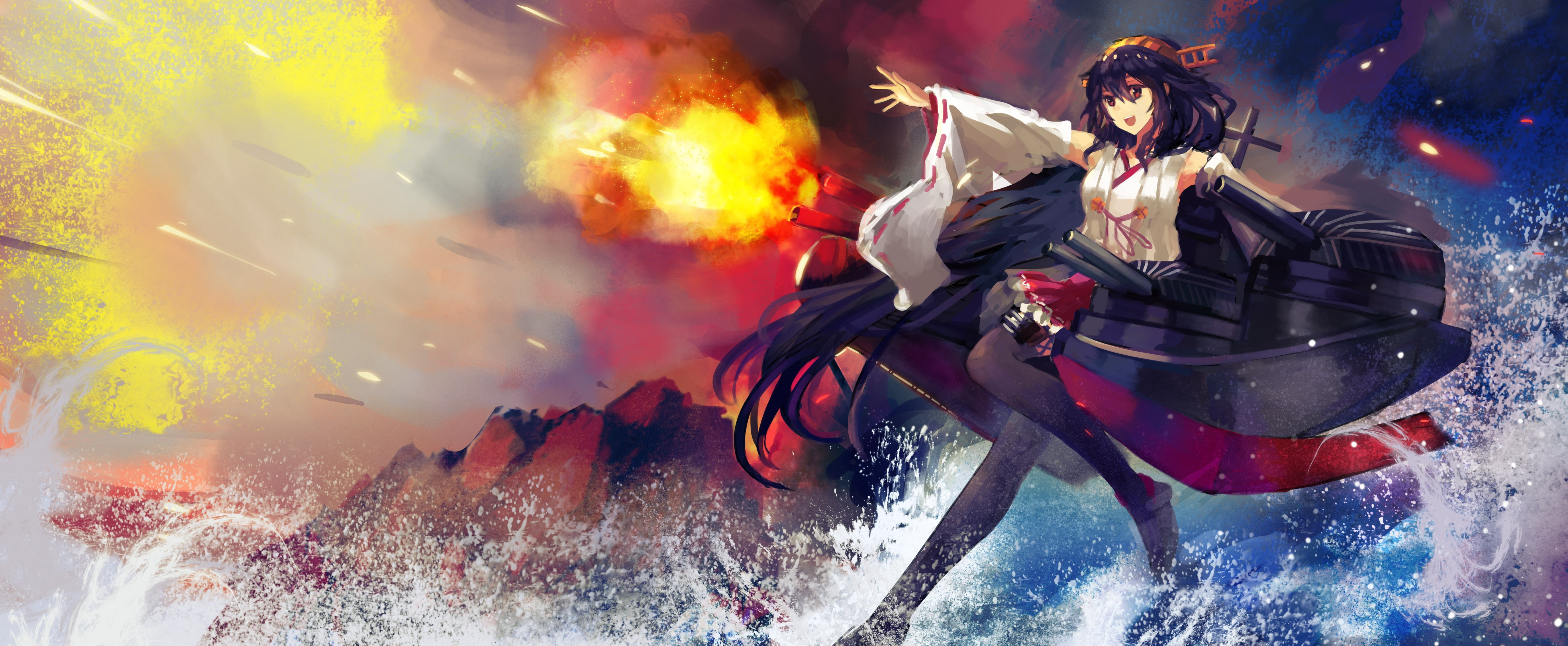 woman, young adult, performance, burning, Haruna (KanColle), dress, arts culture and entertainment, water, females, enjoyment, full length, black, emotion, HD Wallpaper