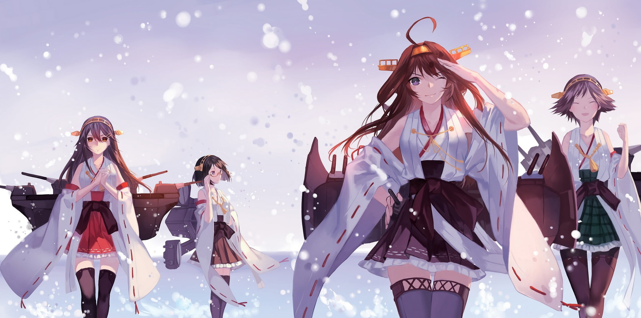 1080P, clothing, skirt, winter, enjoyment, anime girls, cheerful, event, Hiei (KanColle), holiday - event, Kantai Collection, Kirishima (KanColle), child, HD Wallpaper