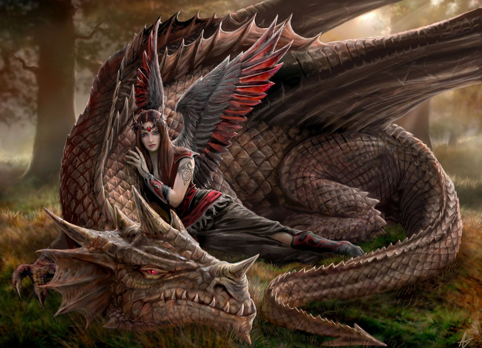 Fantasia, dragon, Dama, Bosque, 1080P, HD Wallpaper