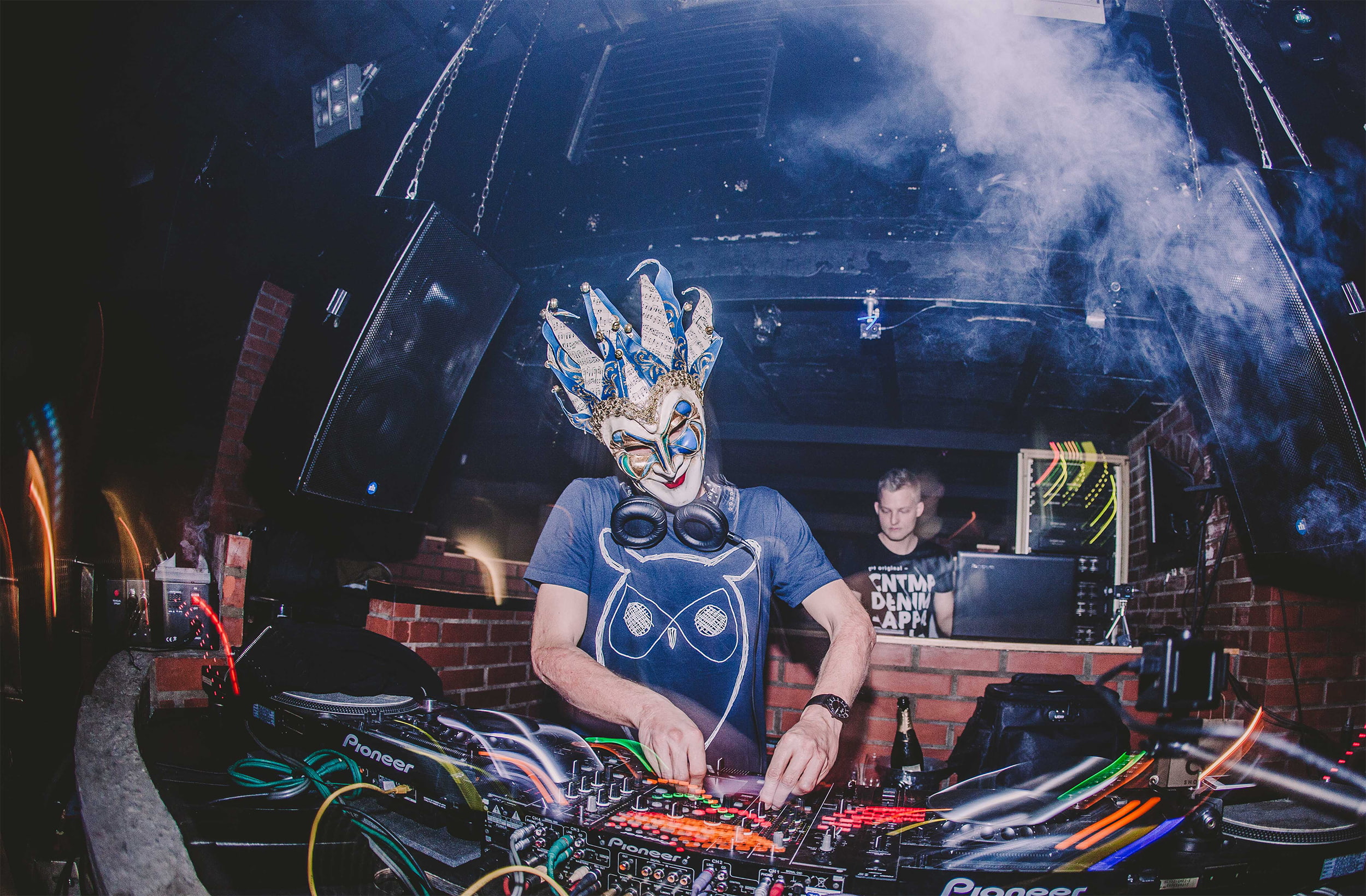 computer, men, mask, performance, waist up, illuminated, DJs, arts culture and entertainment, audio equipment, night, 1080P, event, turntables, two people, HD Wallpaper