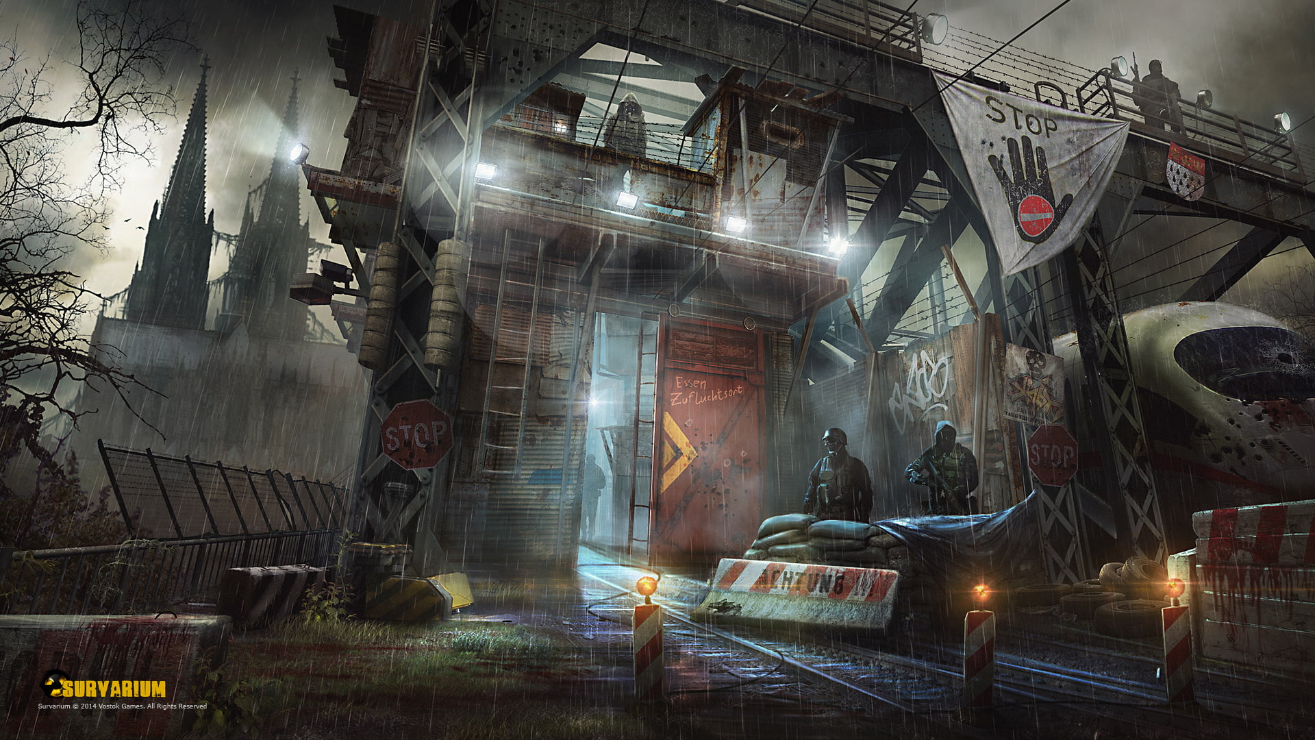 train, apocalyptic, video games, Survarium, traffic signs, rain, Cologne, Cologne Cathedral, 1080P, bridge, stop sign, HD Wallpaper