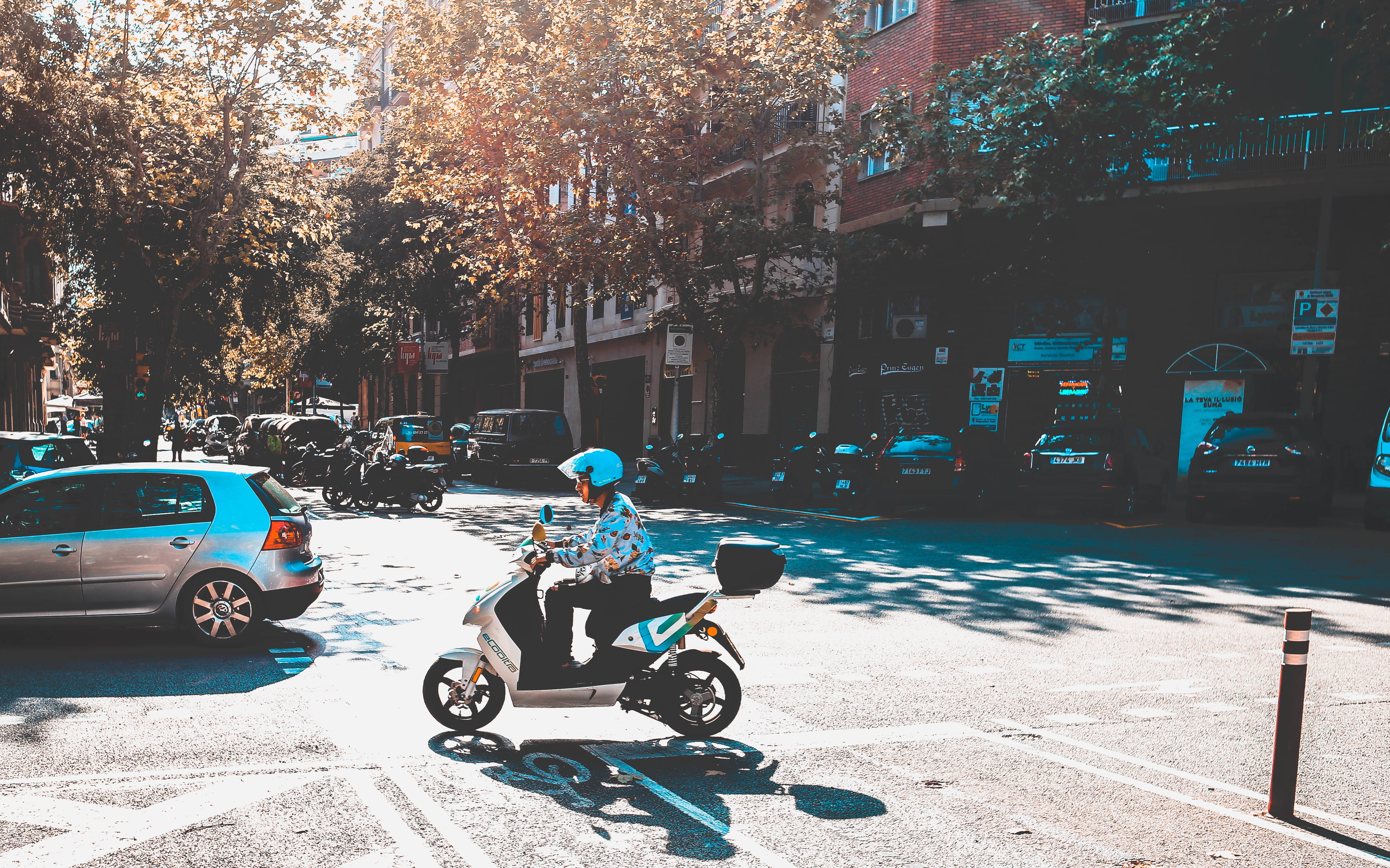 plant, sunlight, car, scooter, outdoors, wheel, apparel, built structure, city, road, vespa, clothing, ride, day, land vehicle, moped, building exterior, HD Wallpaper